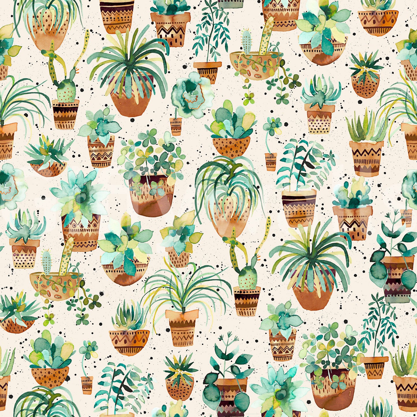 Nature-inspired wallpaper with green succulents and minimalist pots.