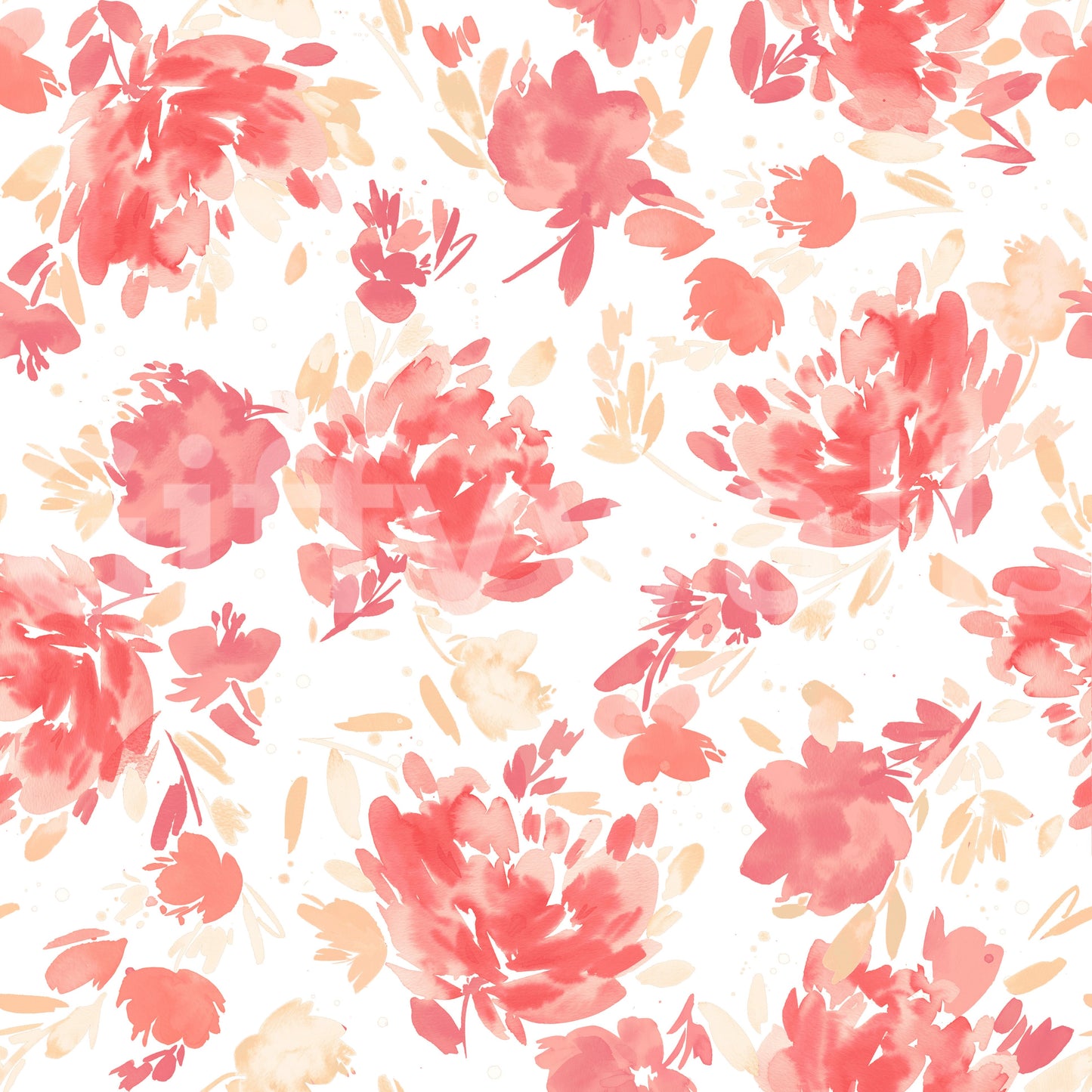 Wallpaper with delicate peach and coral roses on a white base.
