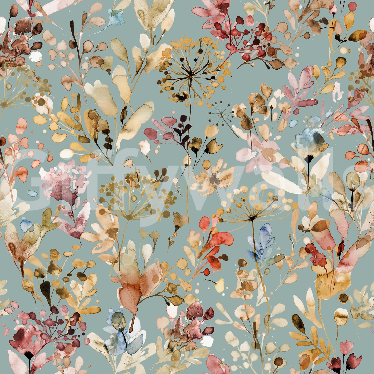 Wild Grasses Vintage Gold Teal Wallpaper