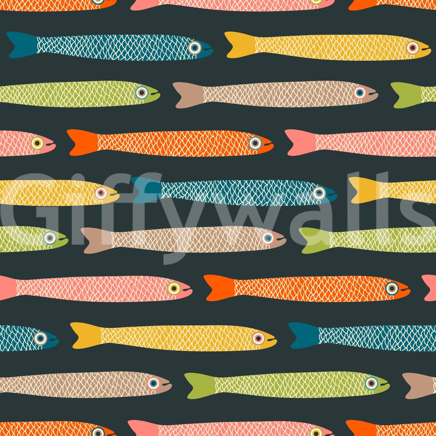 Playful retro fish wallpaper with multicolored anchovies on charcoal.