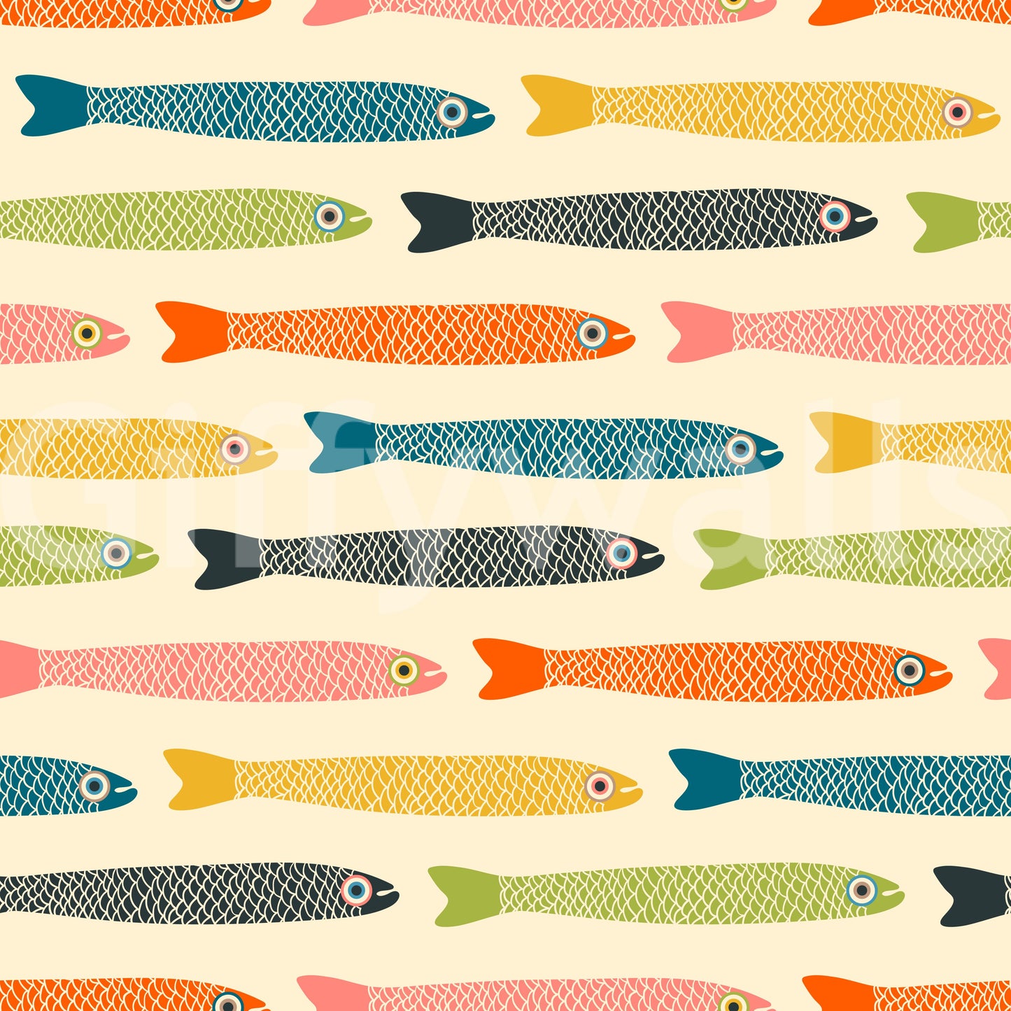Colorful fish wallpaper on cream background for a retro touch.