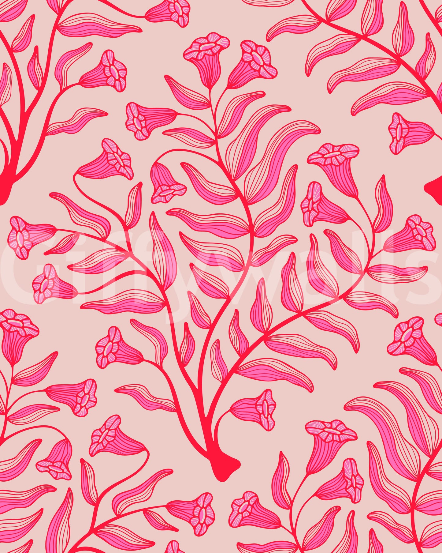 Damask wallpaper in red, fuchsia, and blush pink