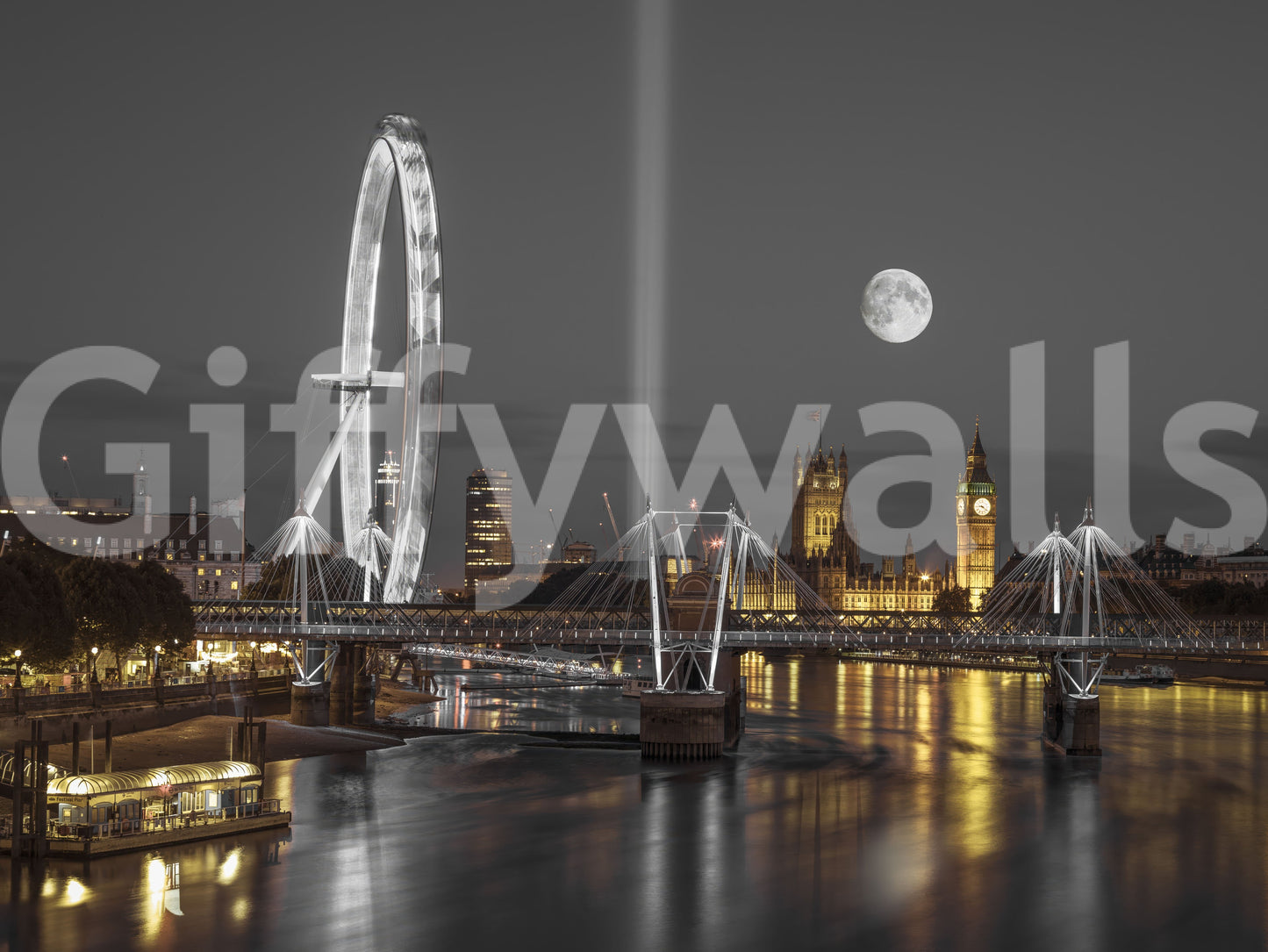 London Eye and Westminster Abbey mural with glowing lights