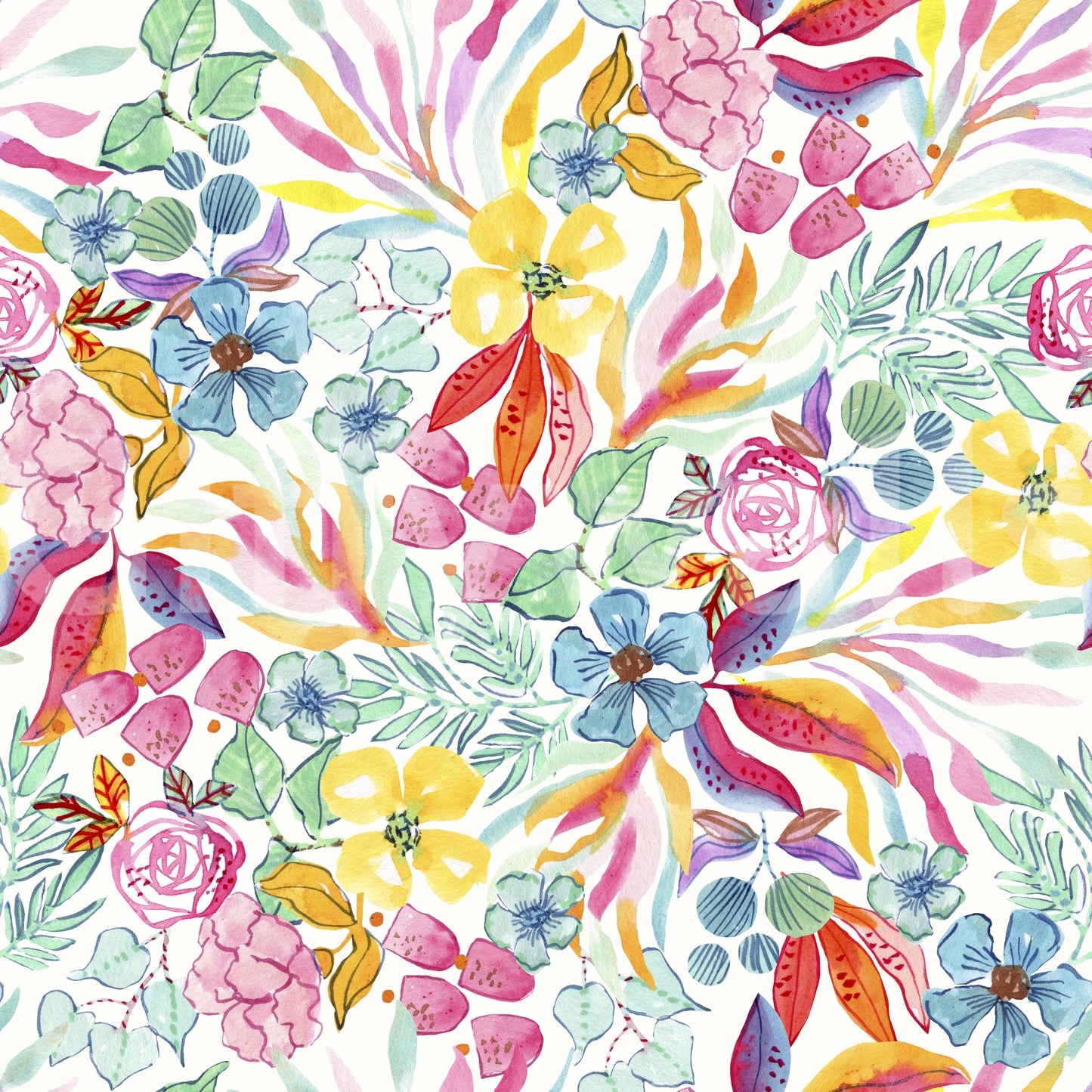 Palm trees and exotic flowers in vibrant watercolor wallpaper