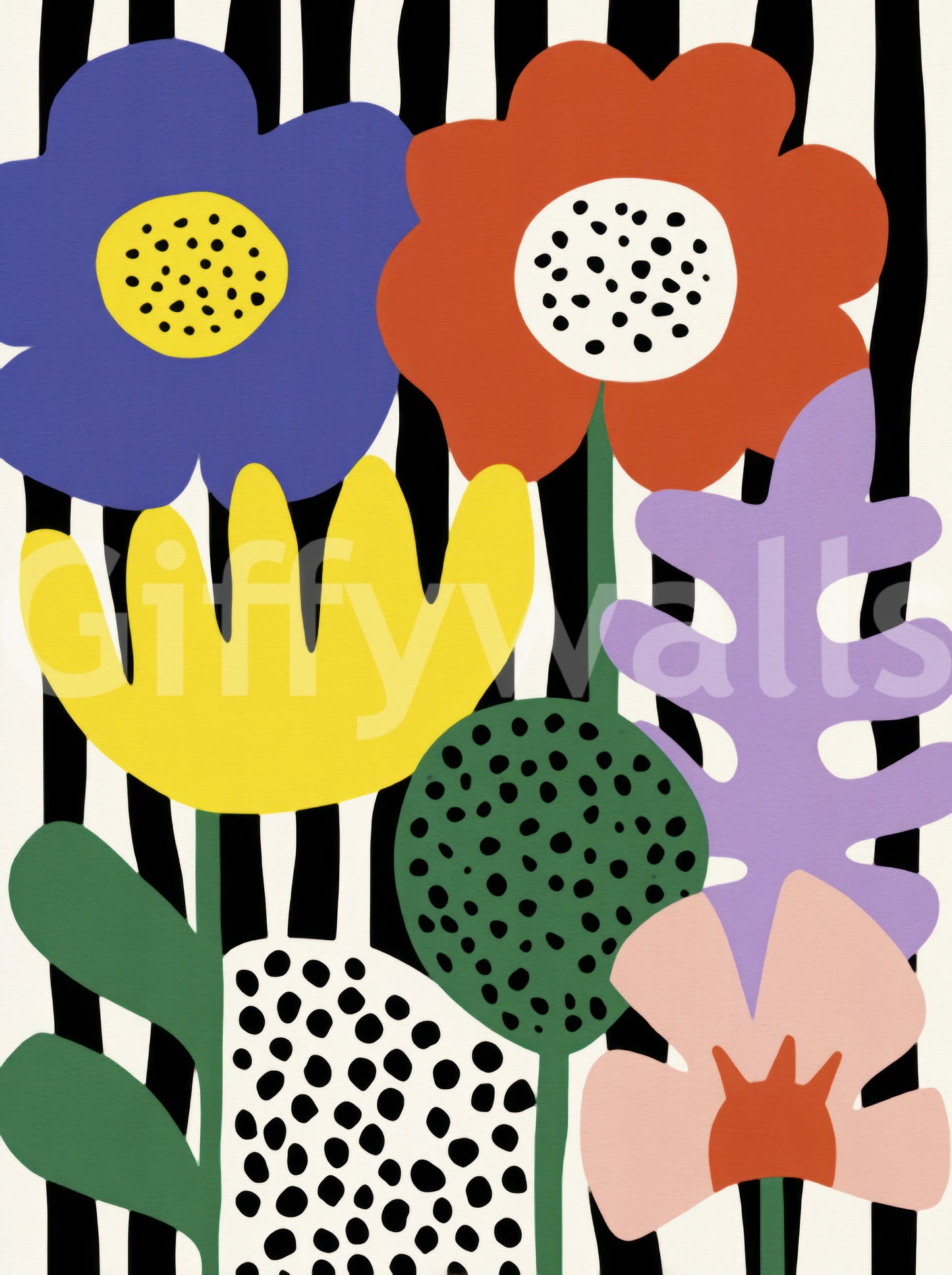 Modern interior with colorful floral feature wall