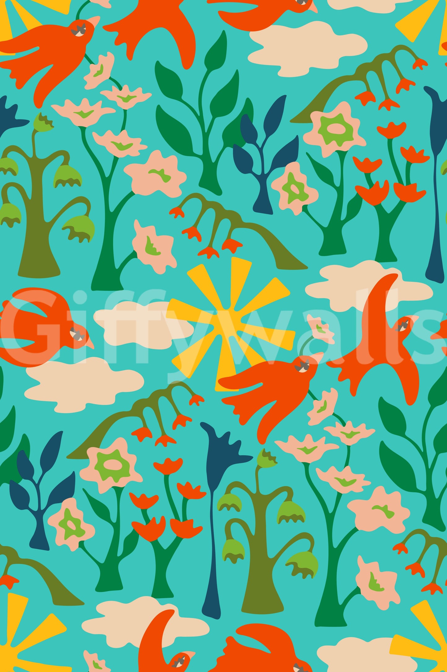 Playful floral bird design with energetic colors