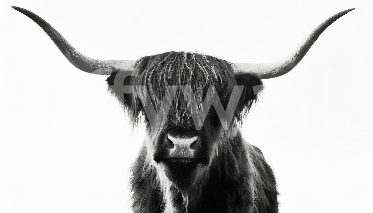 Subtle pastoral feel in monochrome horned cow wallpaper