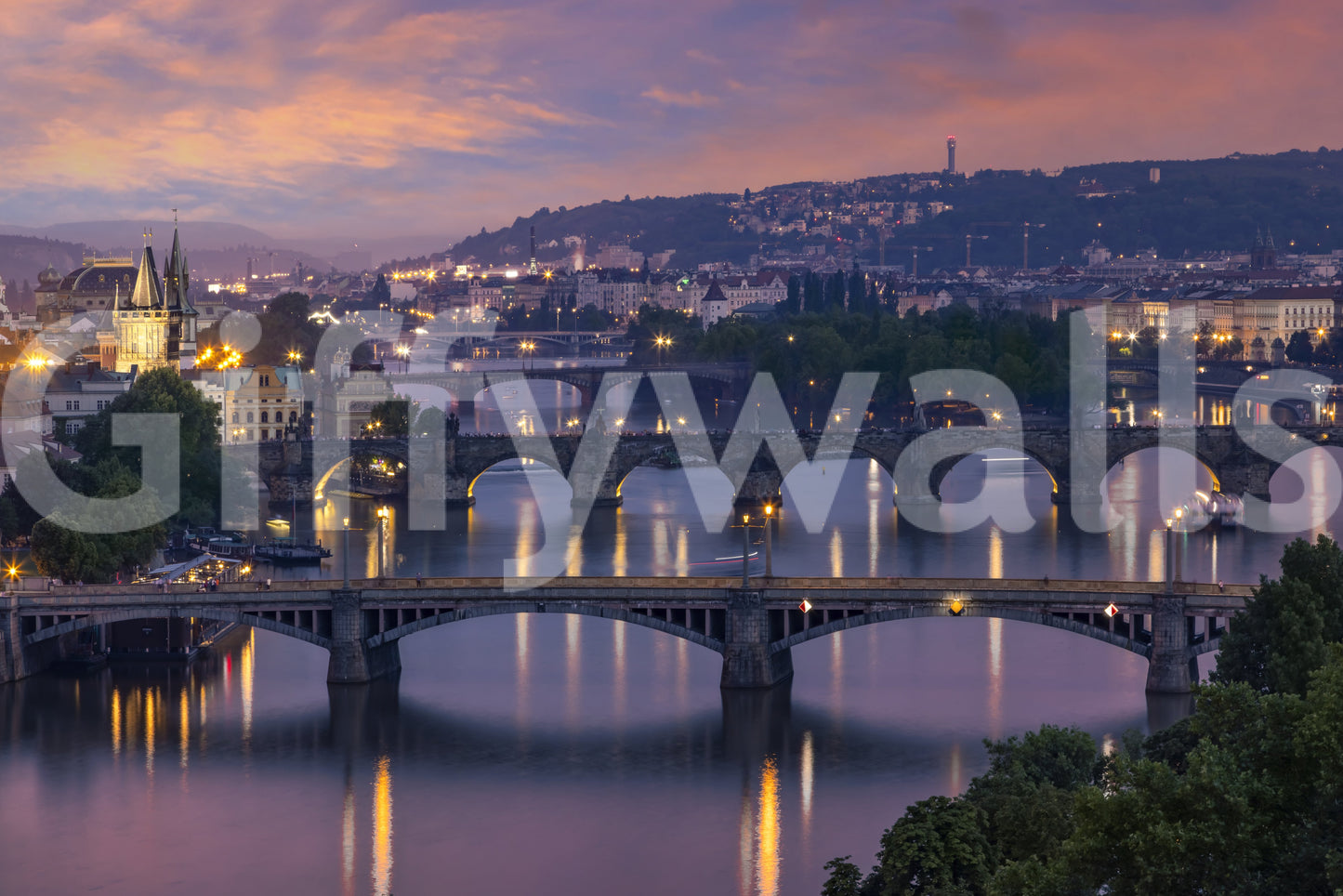 Prague bridges and skyline evening view mural for home