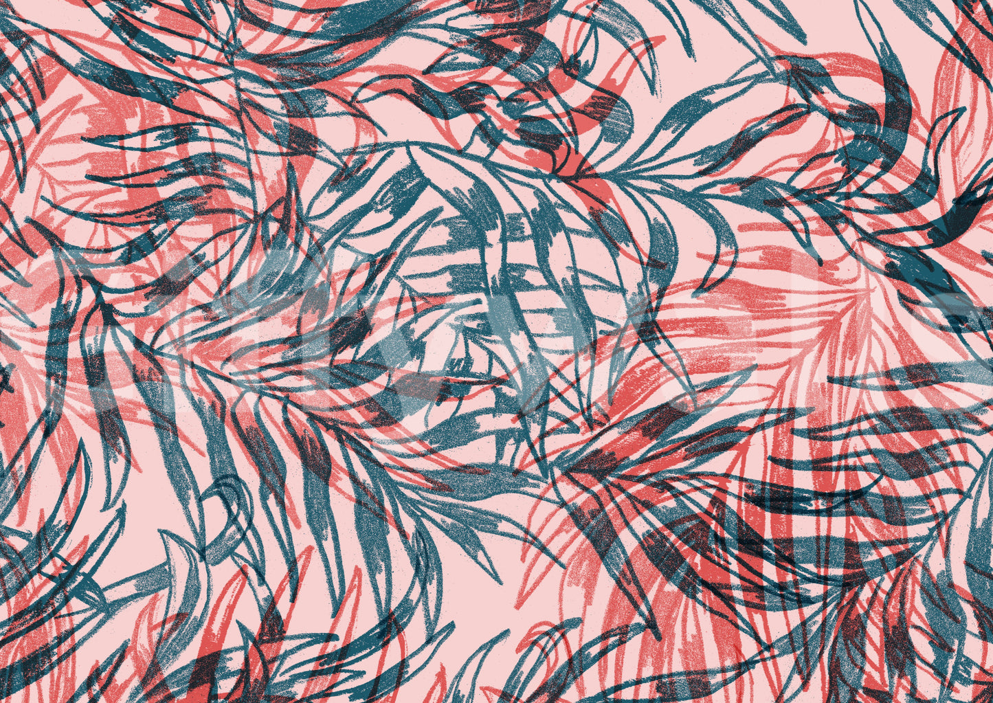 Wall mural with red and teal foliage design