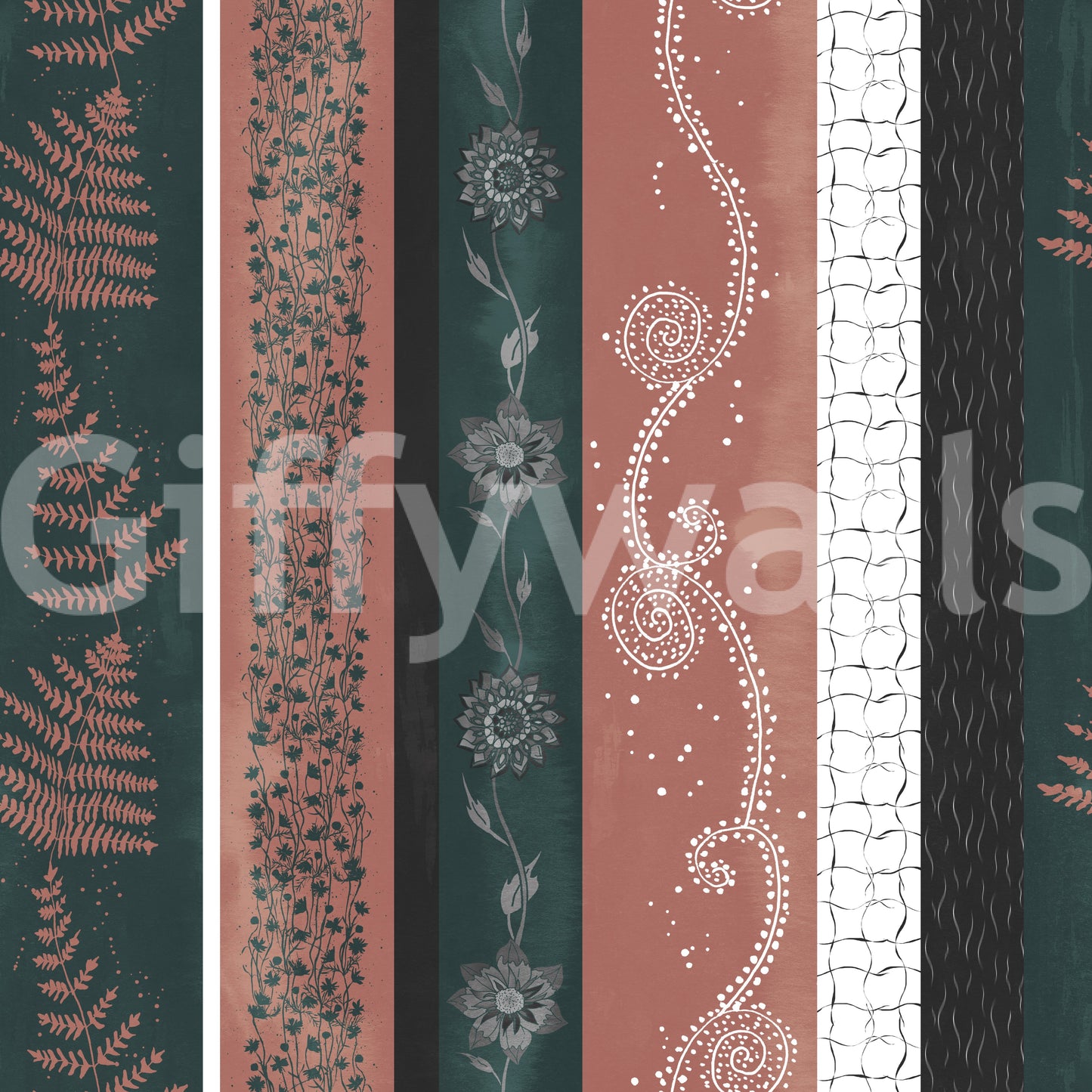 Wallpaper with a mix of teal and brown tones.