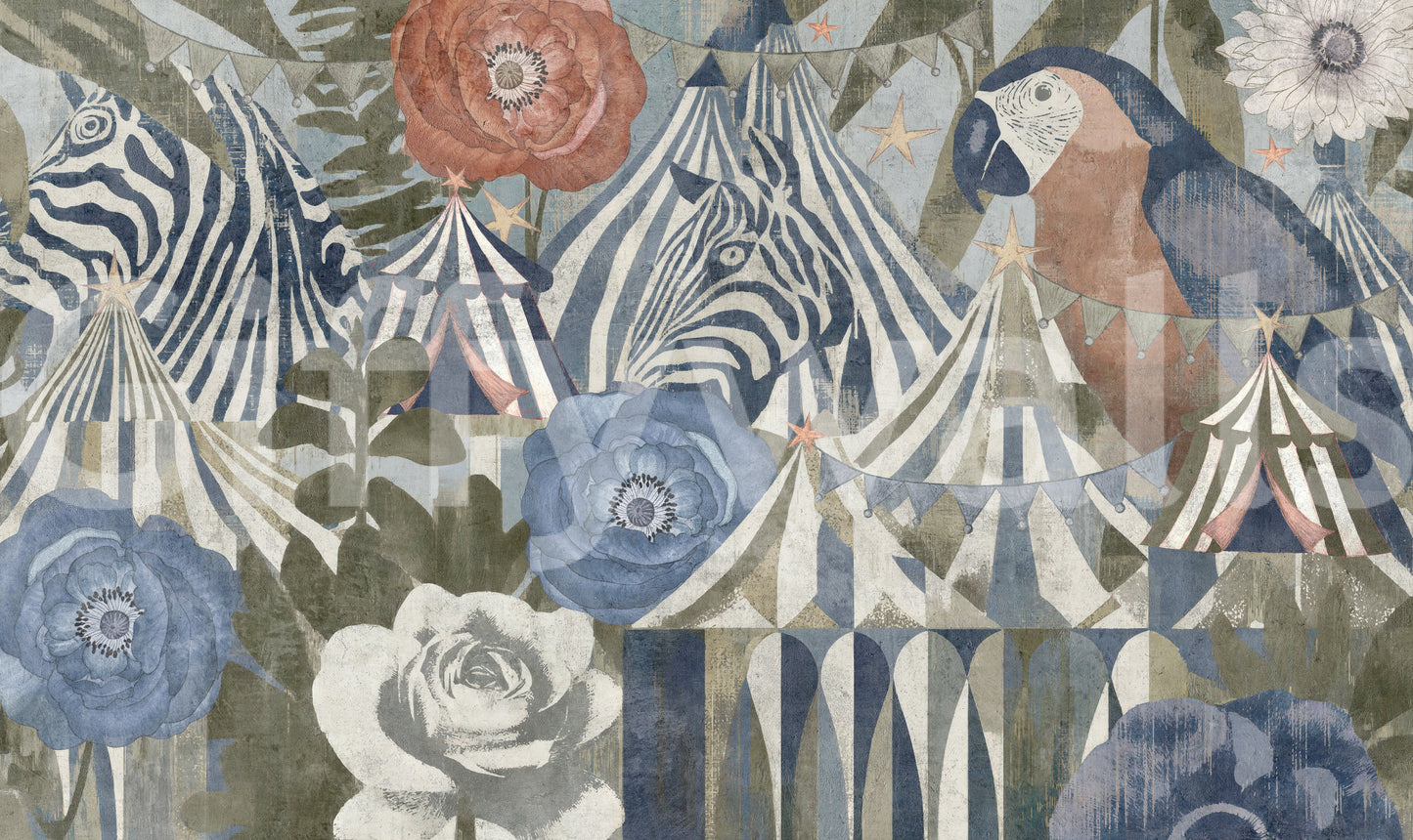 The wallpaper features a subtle, vintage pattern.