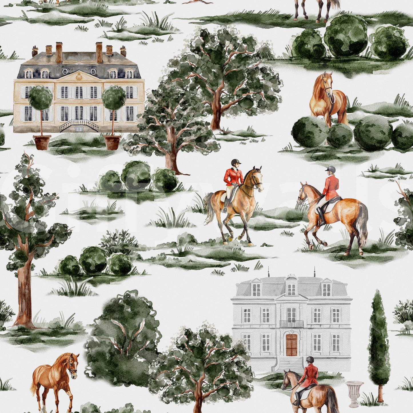 A seamless pattern of an equestrian scene.