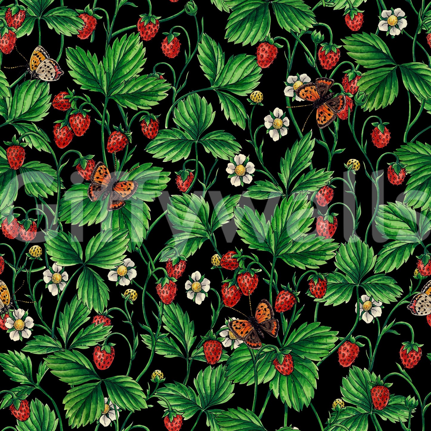 Wild roses and butterflies /pink/pale green/yellow/off white Wallpaper