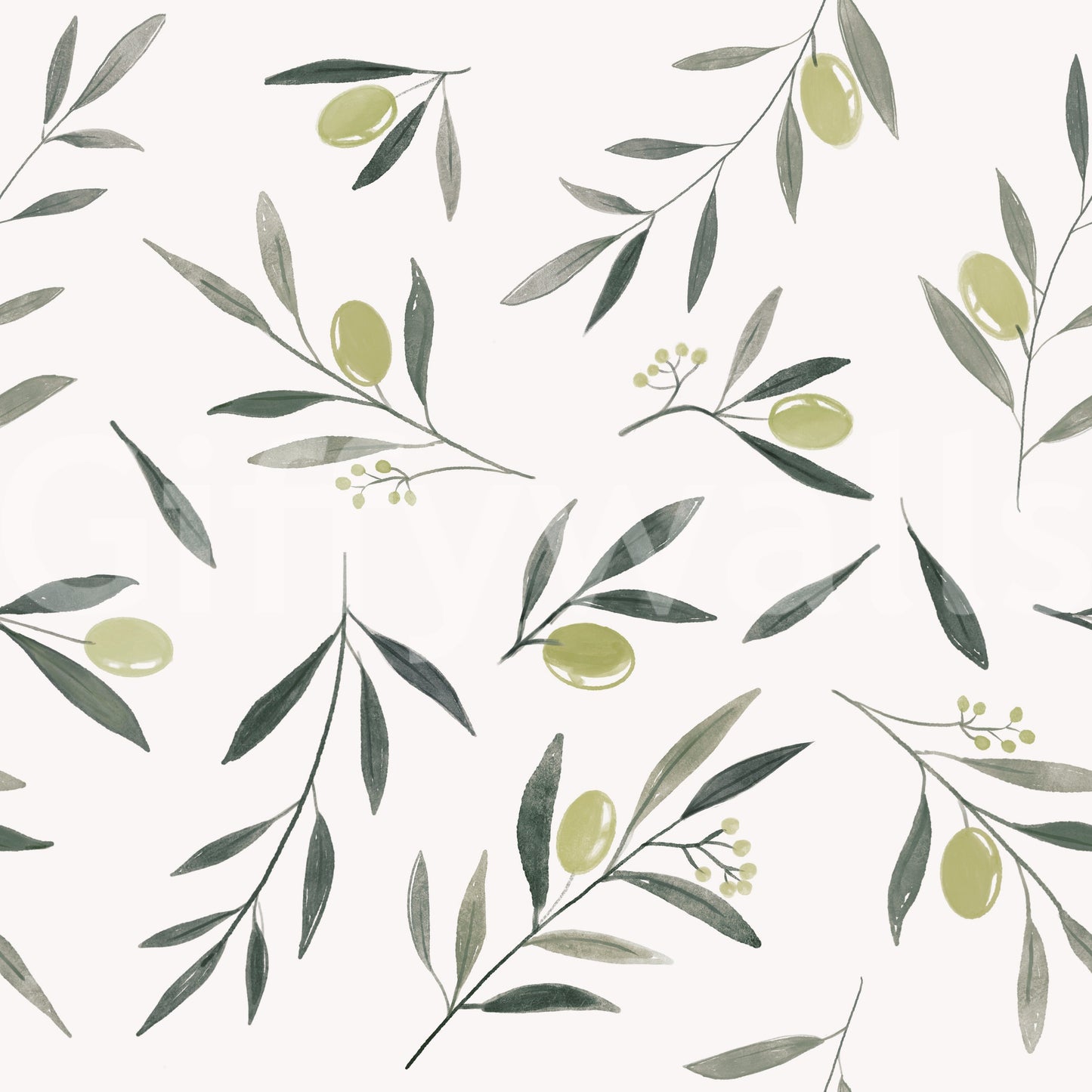 Watercolor Olive Garden Leaves and Fruit Wallpaper