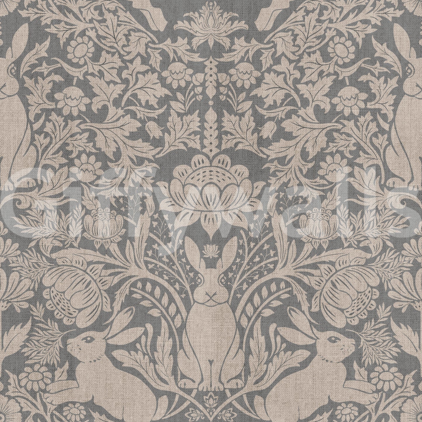 Floral and animal wall mural with cute bunnies and elegant damask patterns for stylish interiors.