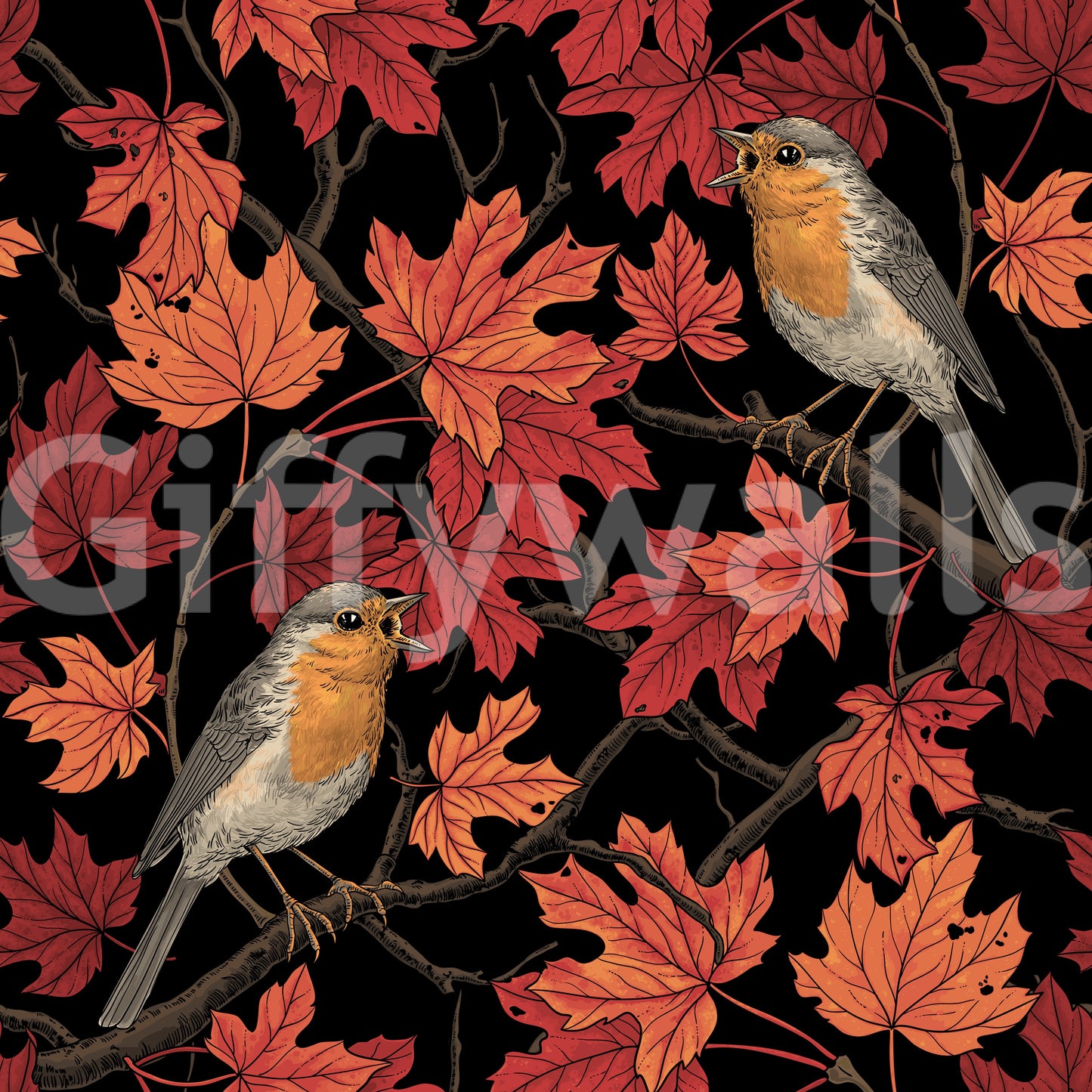 Robins in maple tree on black Wallpaper