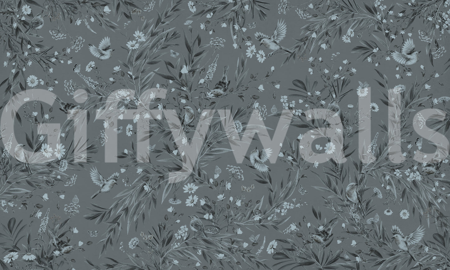 Grey Floral Aviary Wall Mural
