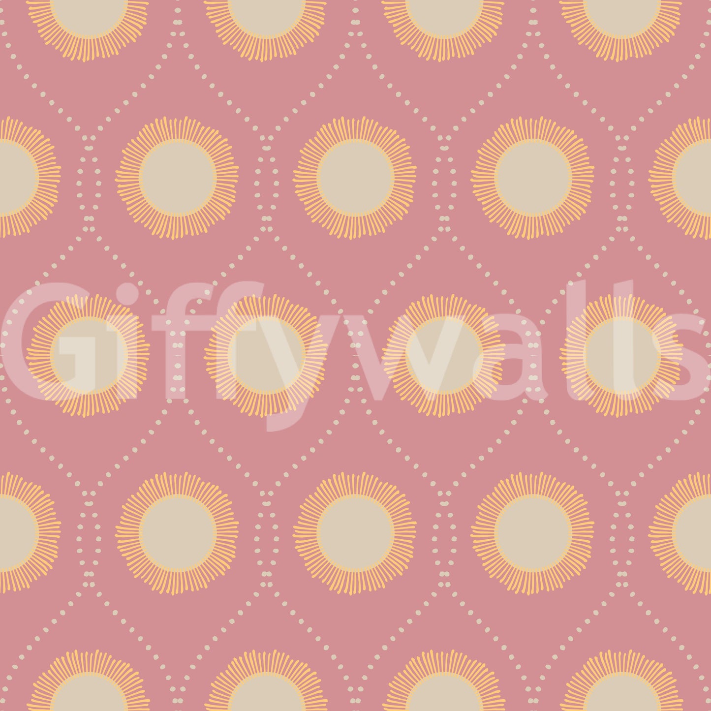 Vintage Sunburst inspired blush wallpaper Repeated graphic sun motif.