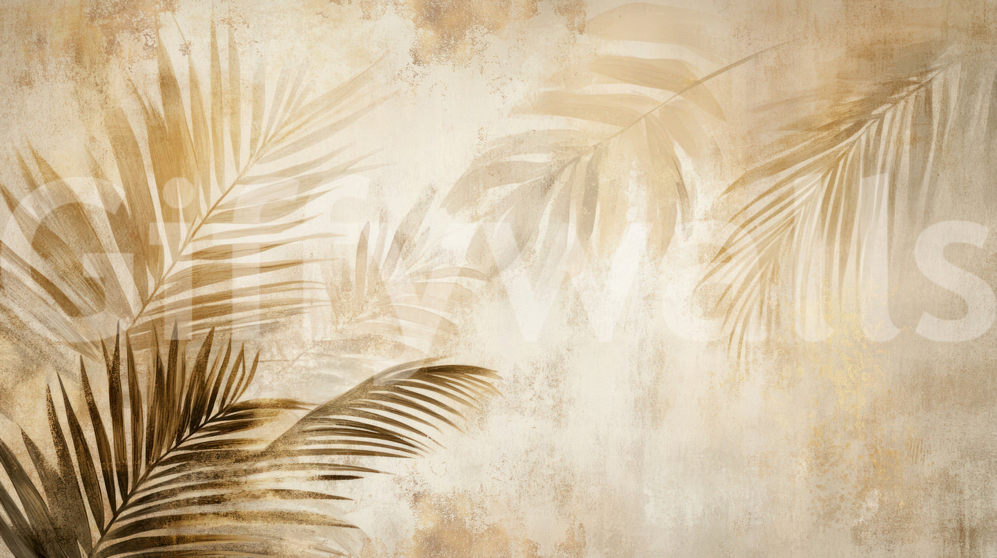 A neutral artistic wallpaper with golden palm leaves creating a soft, dreamy tropical effect.