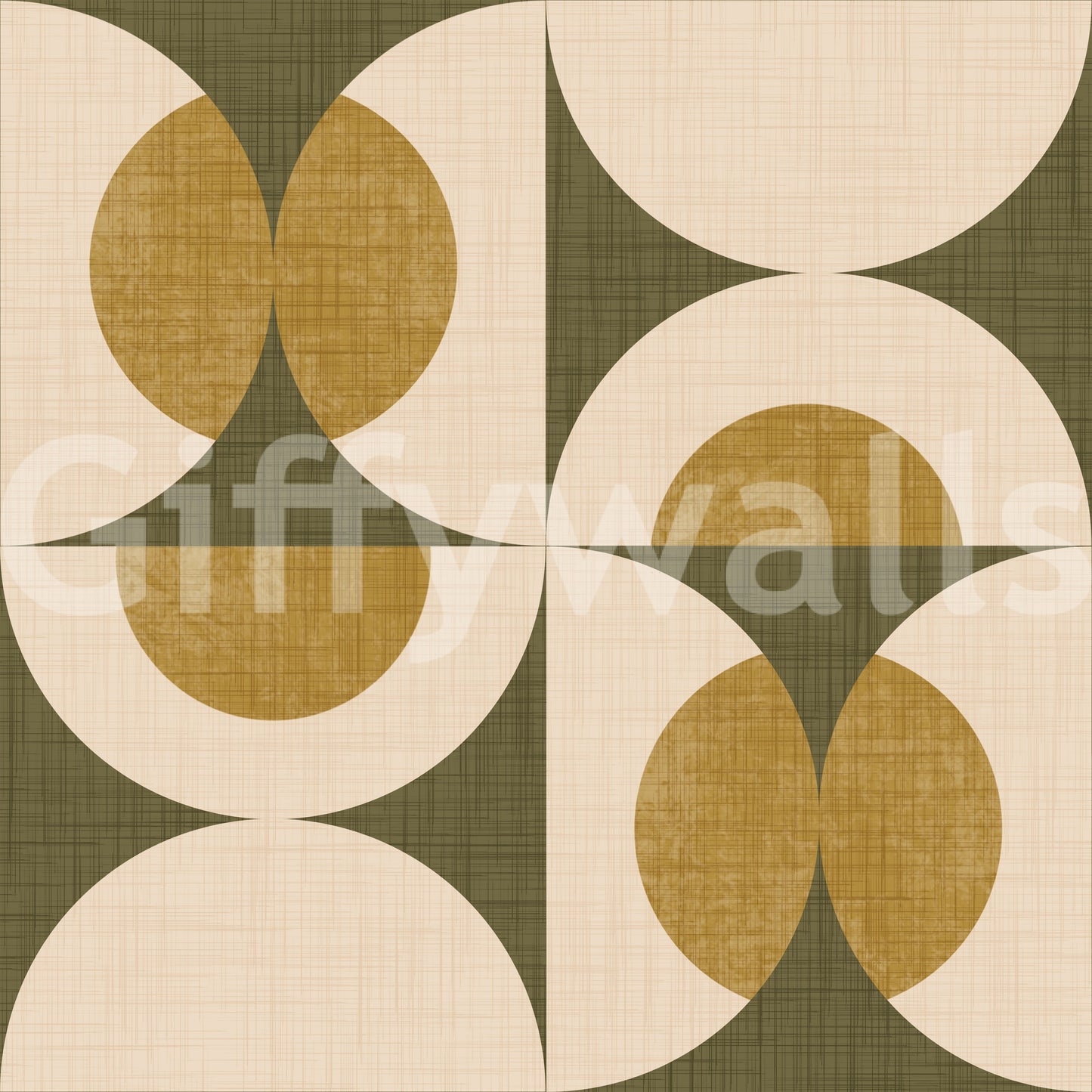 Patterned wallpaper featuring mid-century curves and circular shapes in earthy tones.