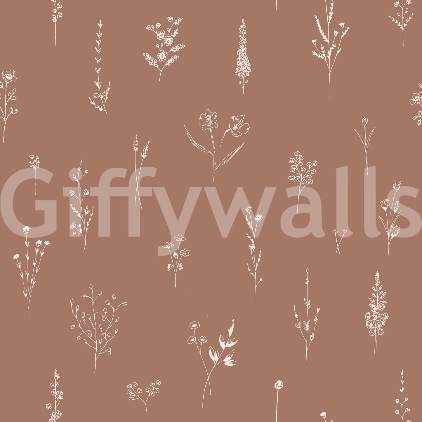Minimalist cream-on-brown floral artwork with scattered botanical sketches for a rustic feel