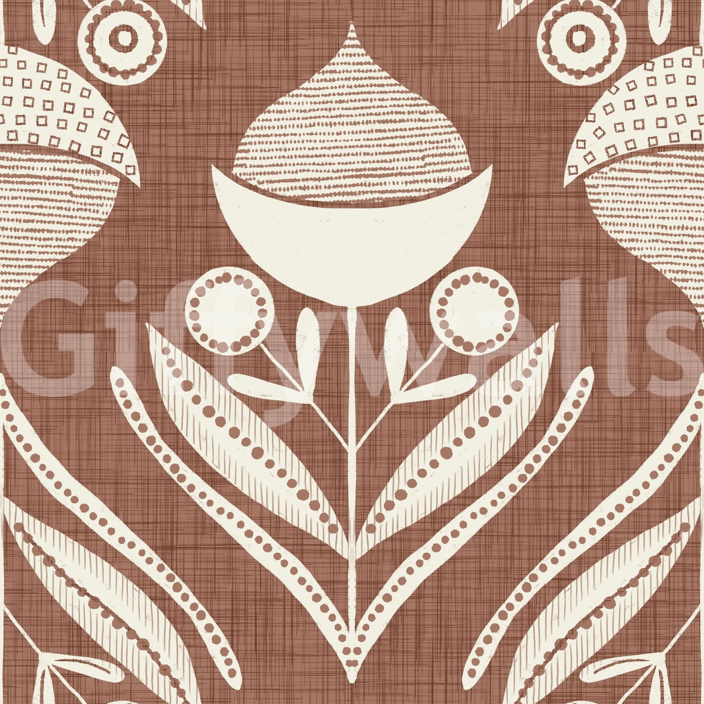 Repeating earth-inspired motif with curved leaves, circular buds, and textured pods on a warm background