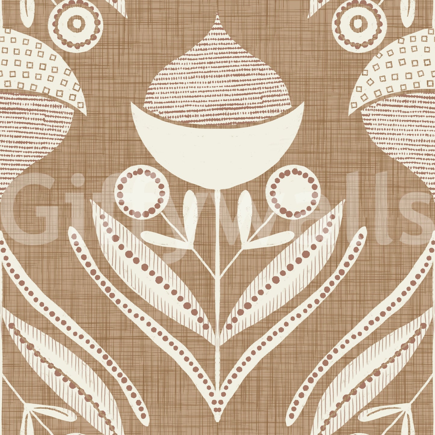 Rustic floral wallpaper blending cream petals and beige linework on a woven brown background