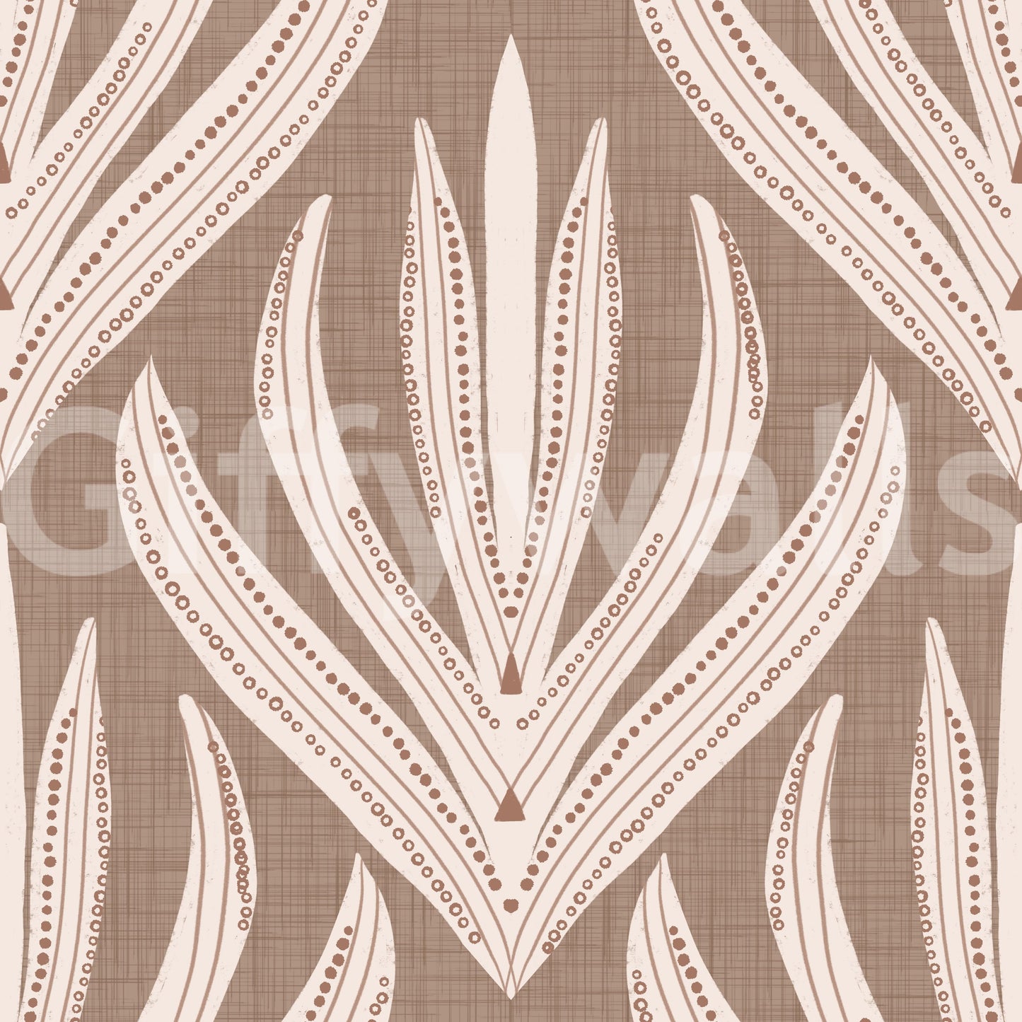 Organic wallpaper with stylized botanical designs arranged in a harmonious boho pattern.