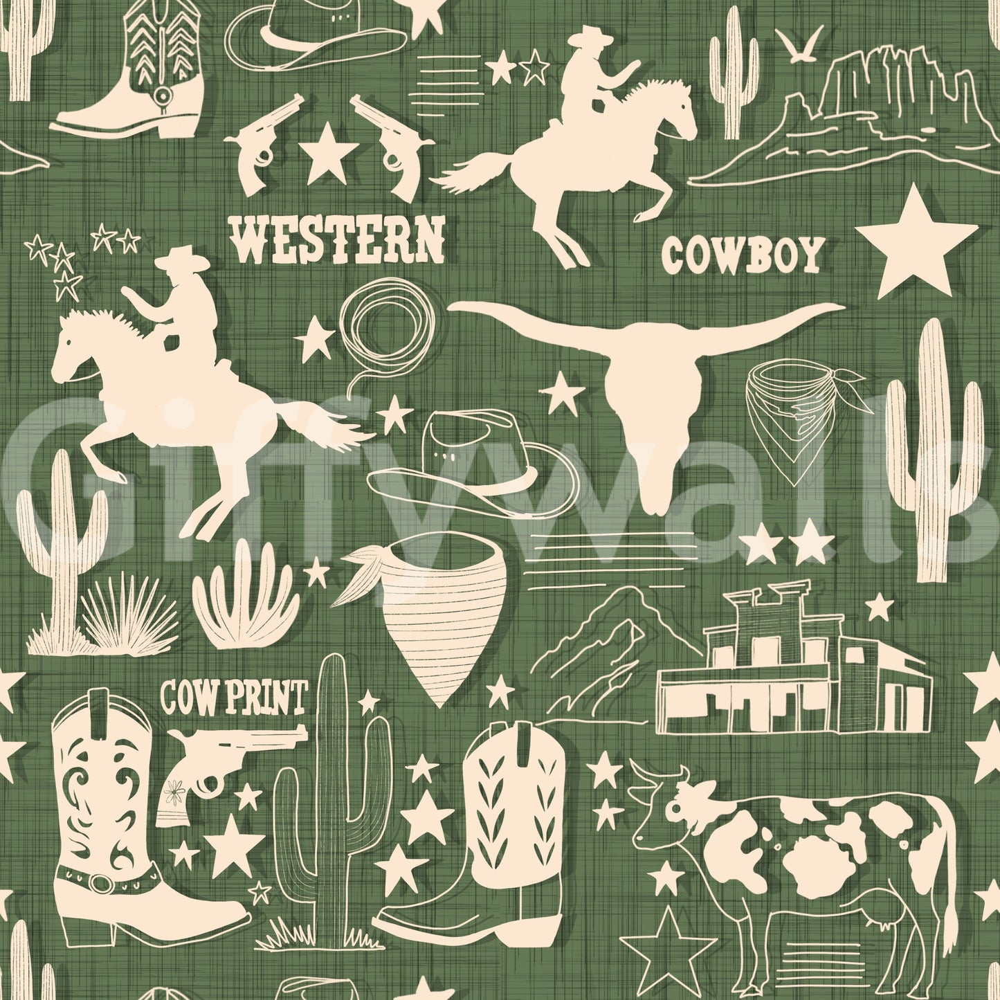 Vintage western wallpaper with illustrated frontier symbols in an organic, hand-sketched design.