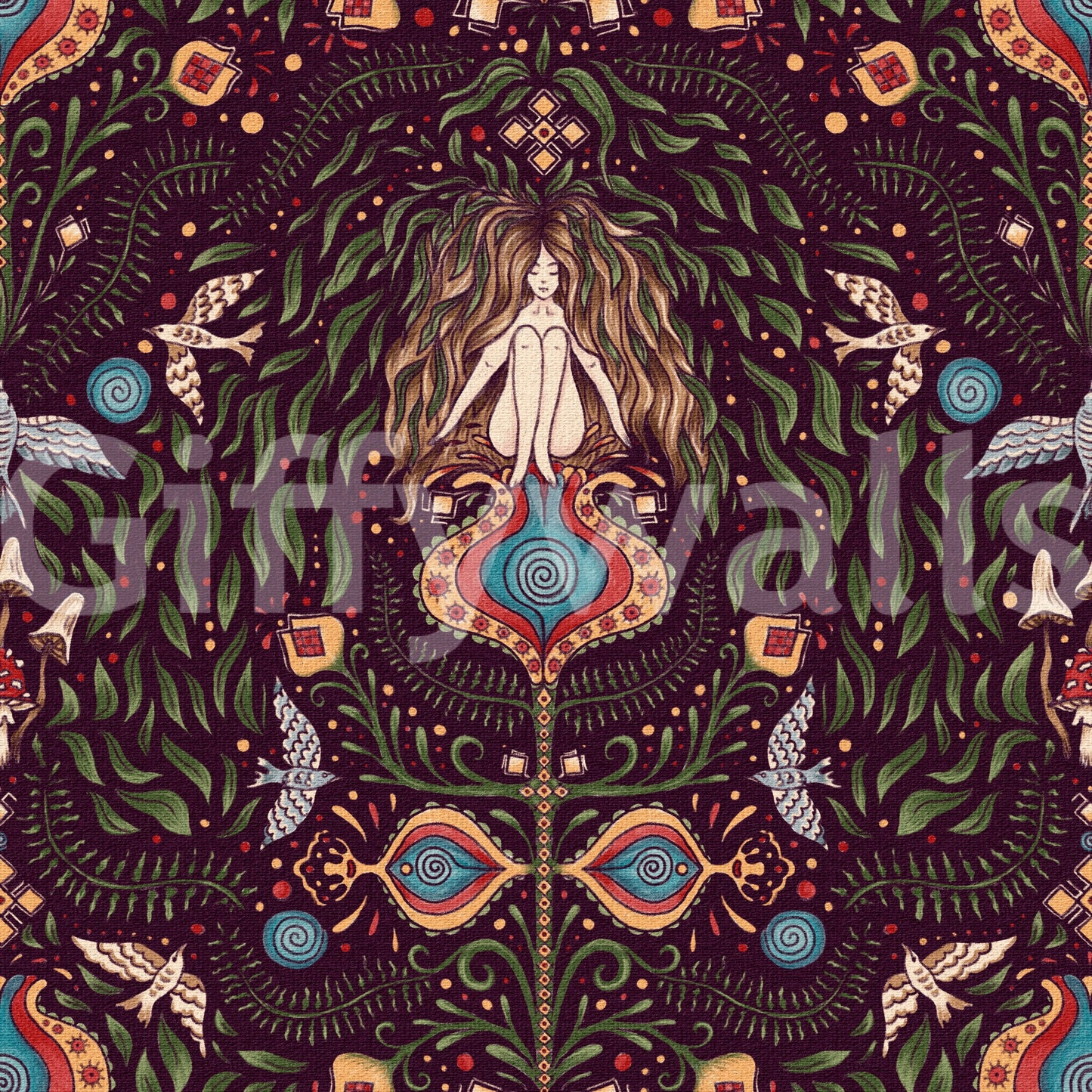 Enchanted forest wallpaper featuring stylized plants, animals, and symbolic boho shapes.