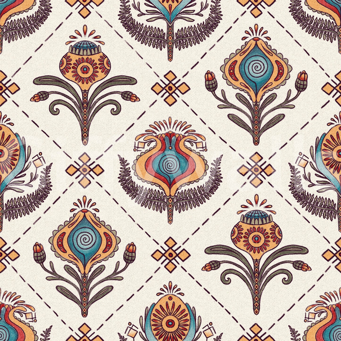 Repeating boho floral wallpaper featuring stylized blooms set within an even grid layout.