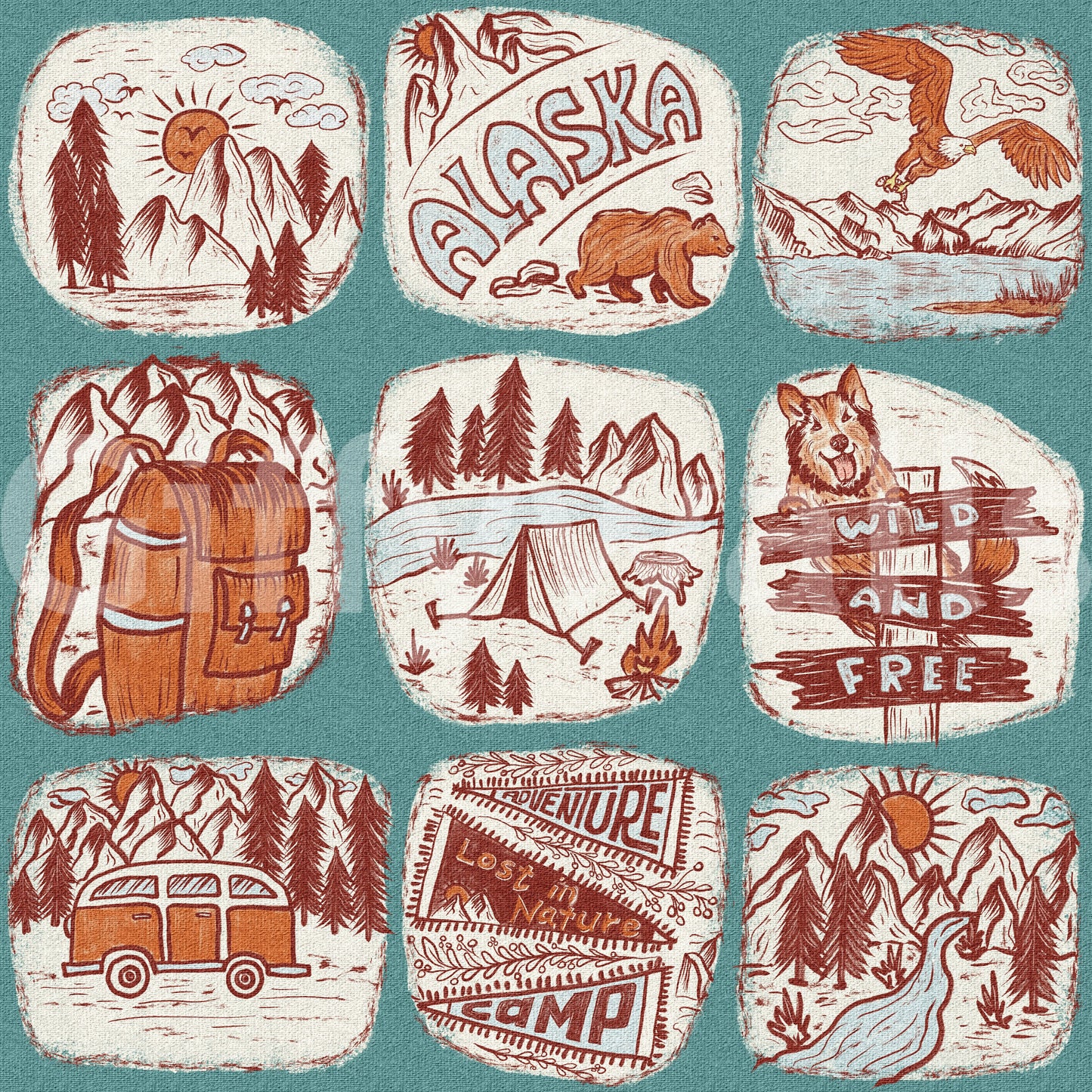 Hand-drawn wilderness wallpaper combining mountain views, animals, and forest details.