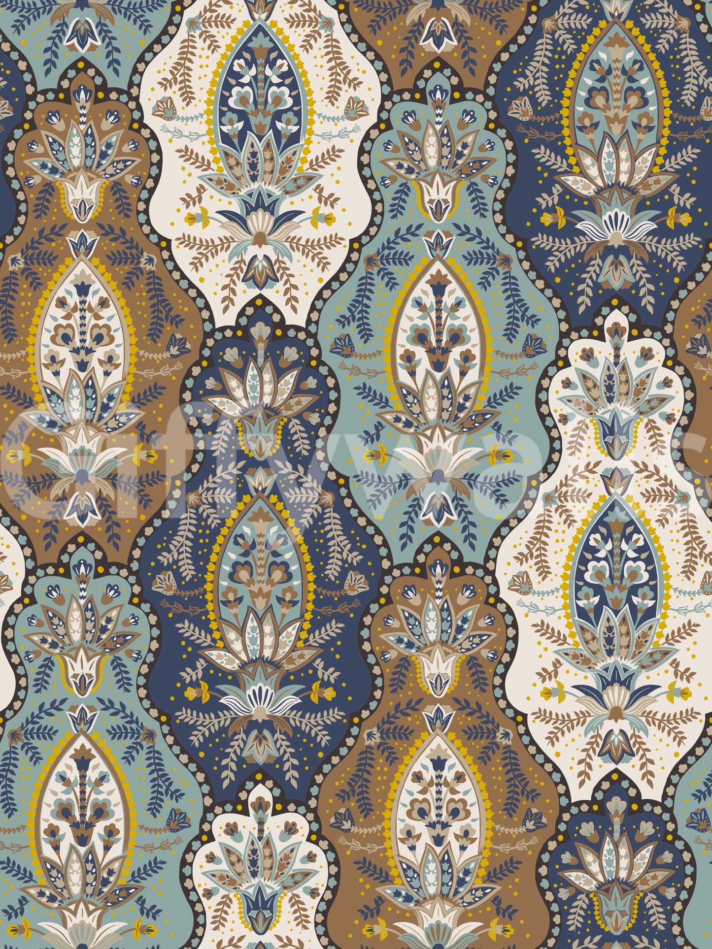 Classic boho paisley wallpaper with intricate linework and a mix of dark and light tones.