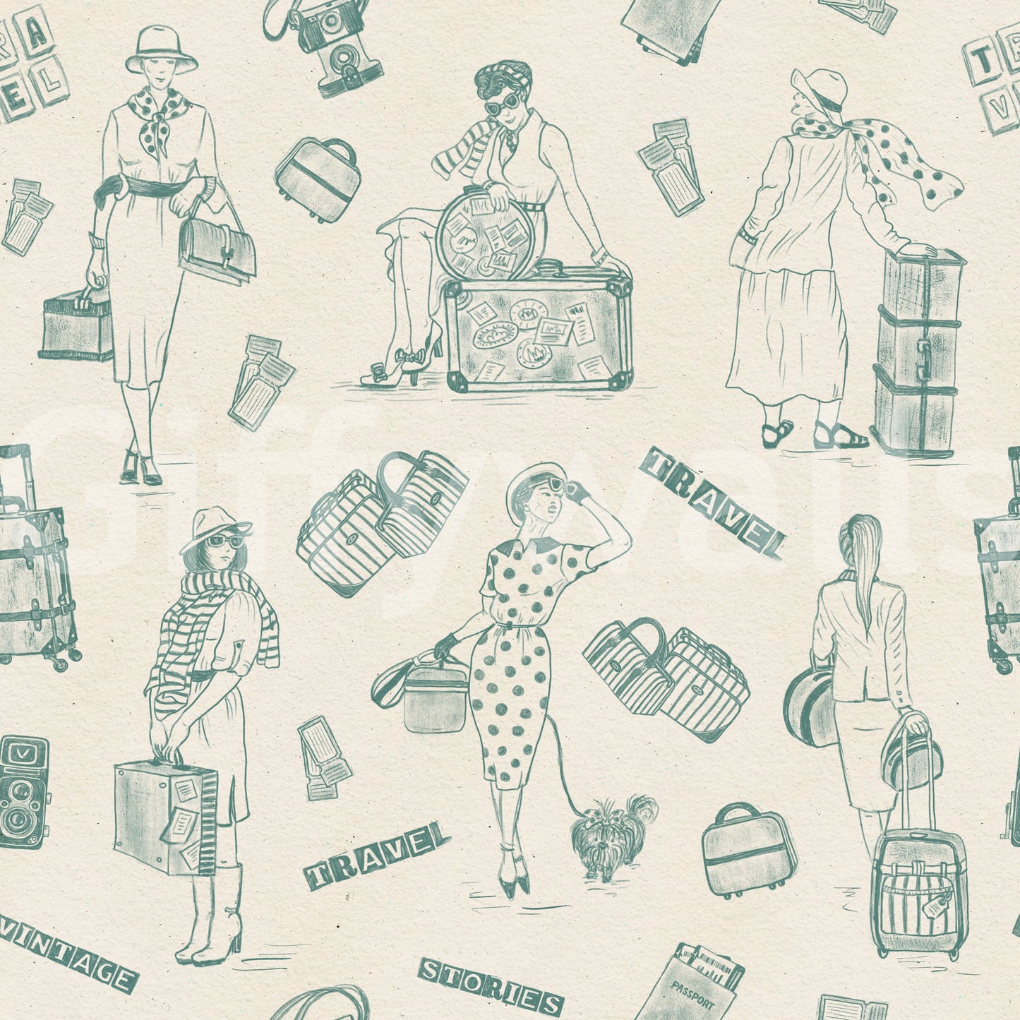 Retro travelogue-themed wallpaper with storytelling-style illustrations.