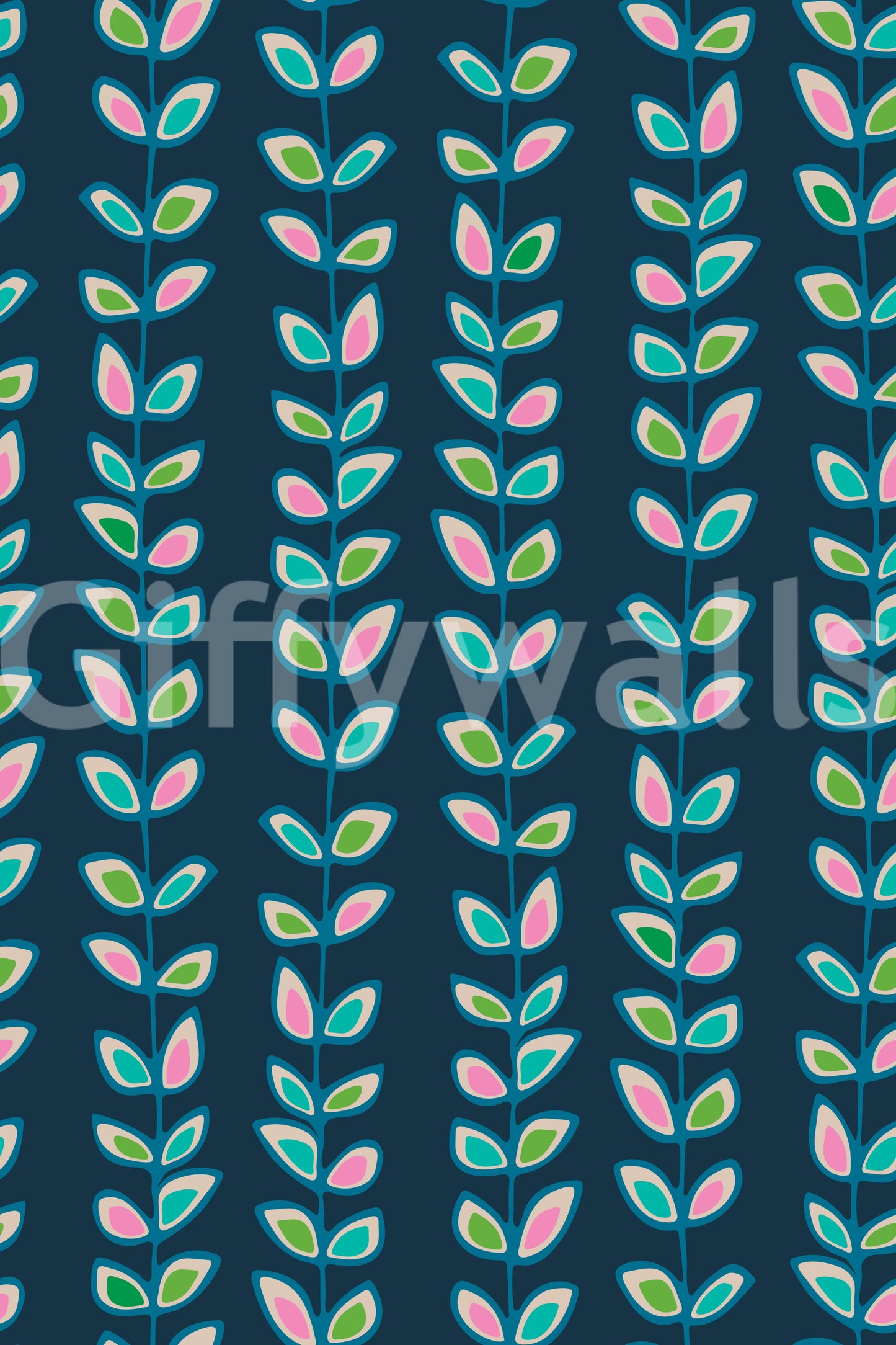 A lively retro leaves wallpaper with soft pastel tones standing out against a rich navy backdrop.
