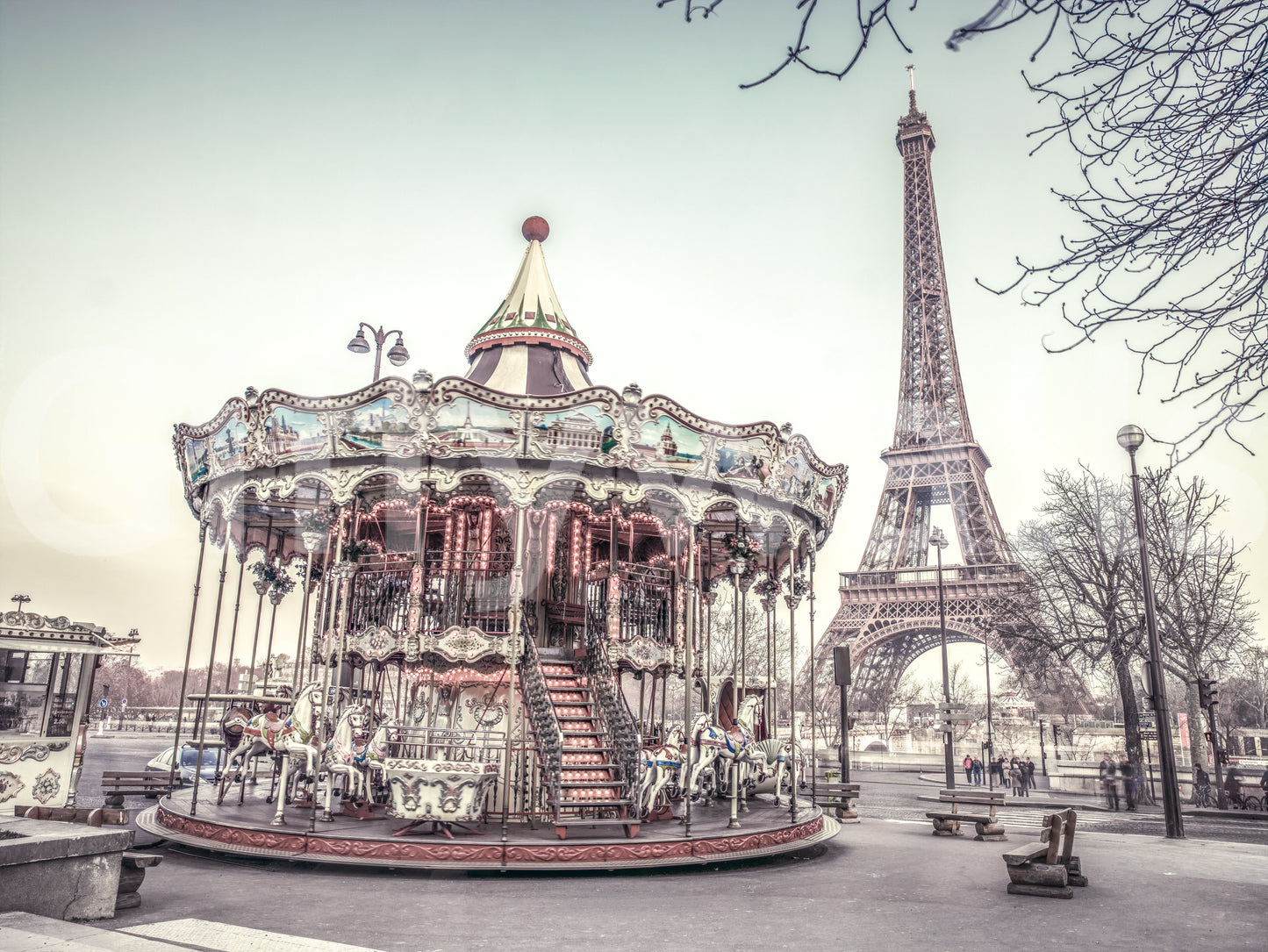 Whimsical Paris Mural Beautiful nostalgic image of a spinning amusement structure.