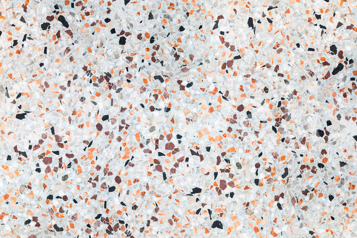 Vibrant Light Coral Terrazzo mural surface abstract composition playful stone particles.