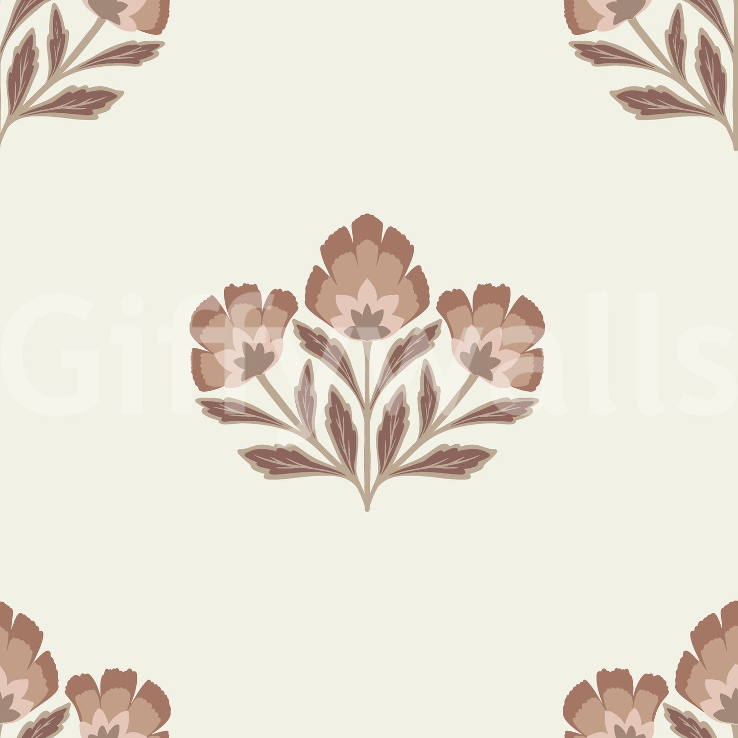 Earthy Flora design, elegant floral wallpaper, soothing colors, charming.