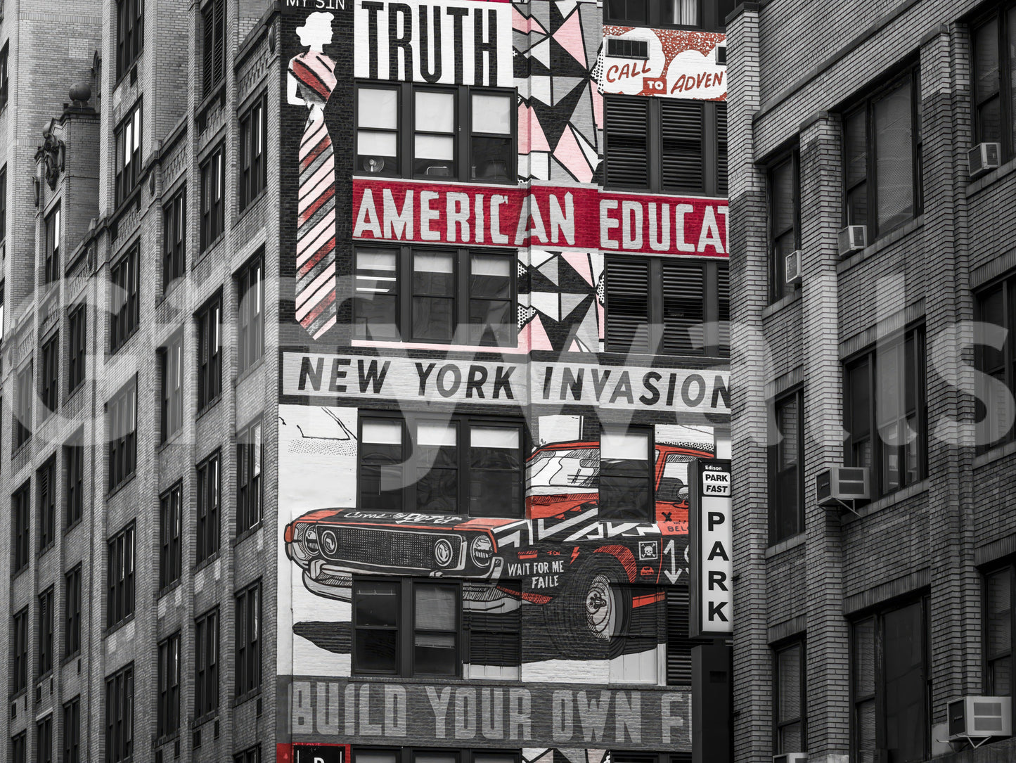 NYC street view, vintage-inspired vehicle graphic, compelling Retro City Murals print.