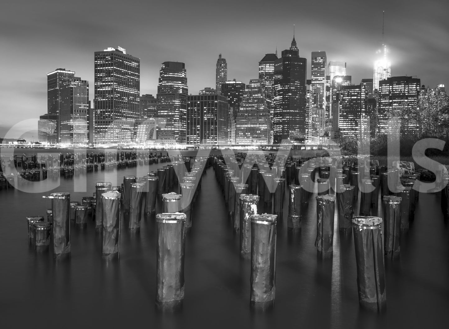Powerful urban NYC Noir statement wallpaper, atmospheric nighttime view.