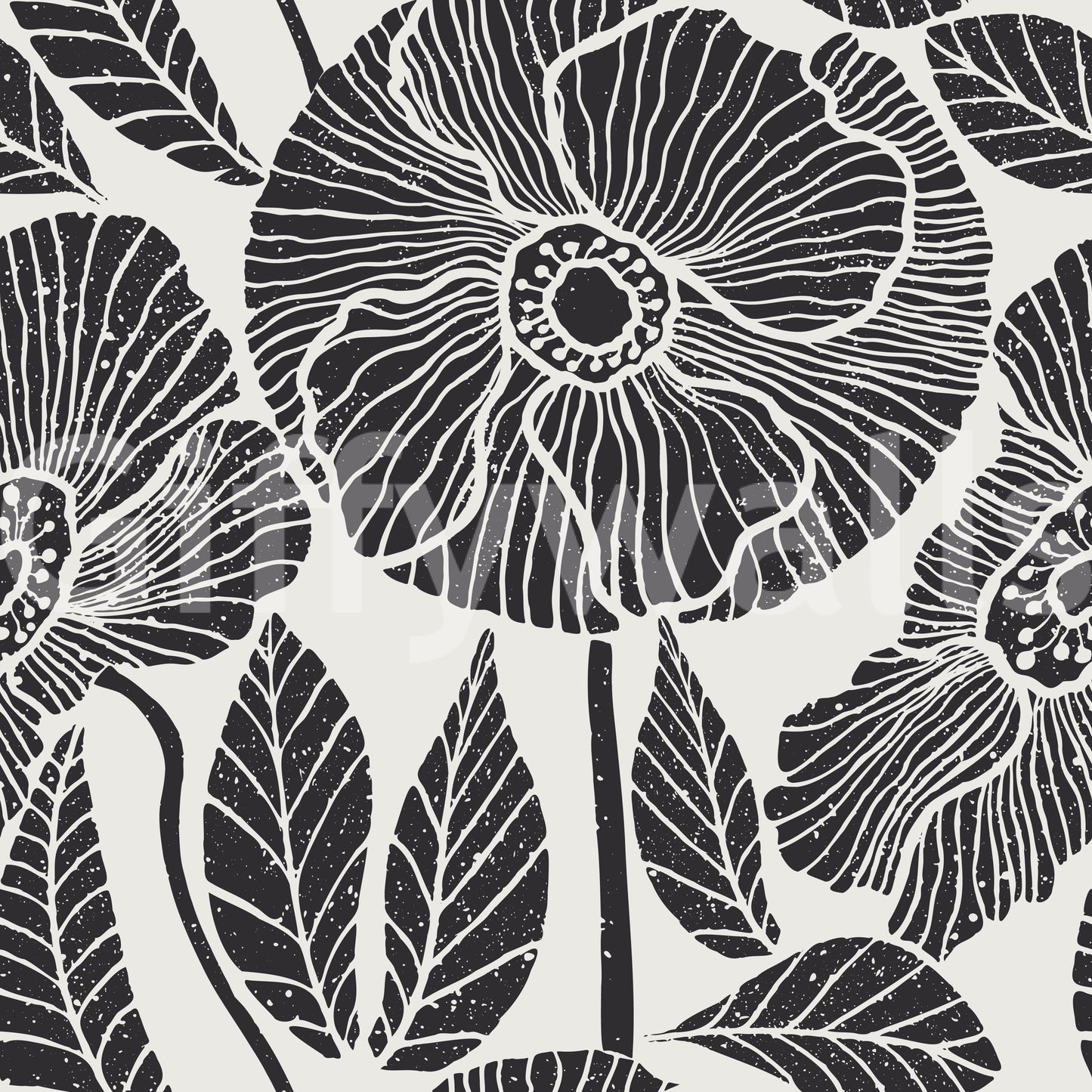 Scandinavian black-white Poppy Meadow wallpaper print, subtle grain texture.