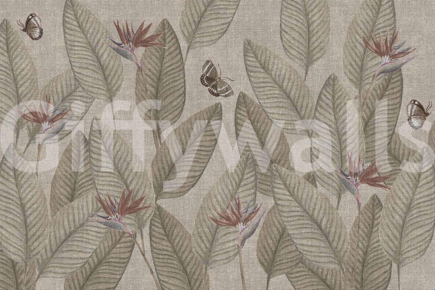 Botanical textured wall mural, Jungle Life Muted pattern, elegant nature inspired design.