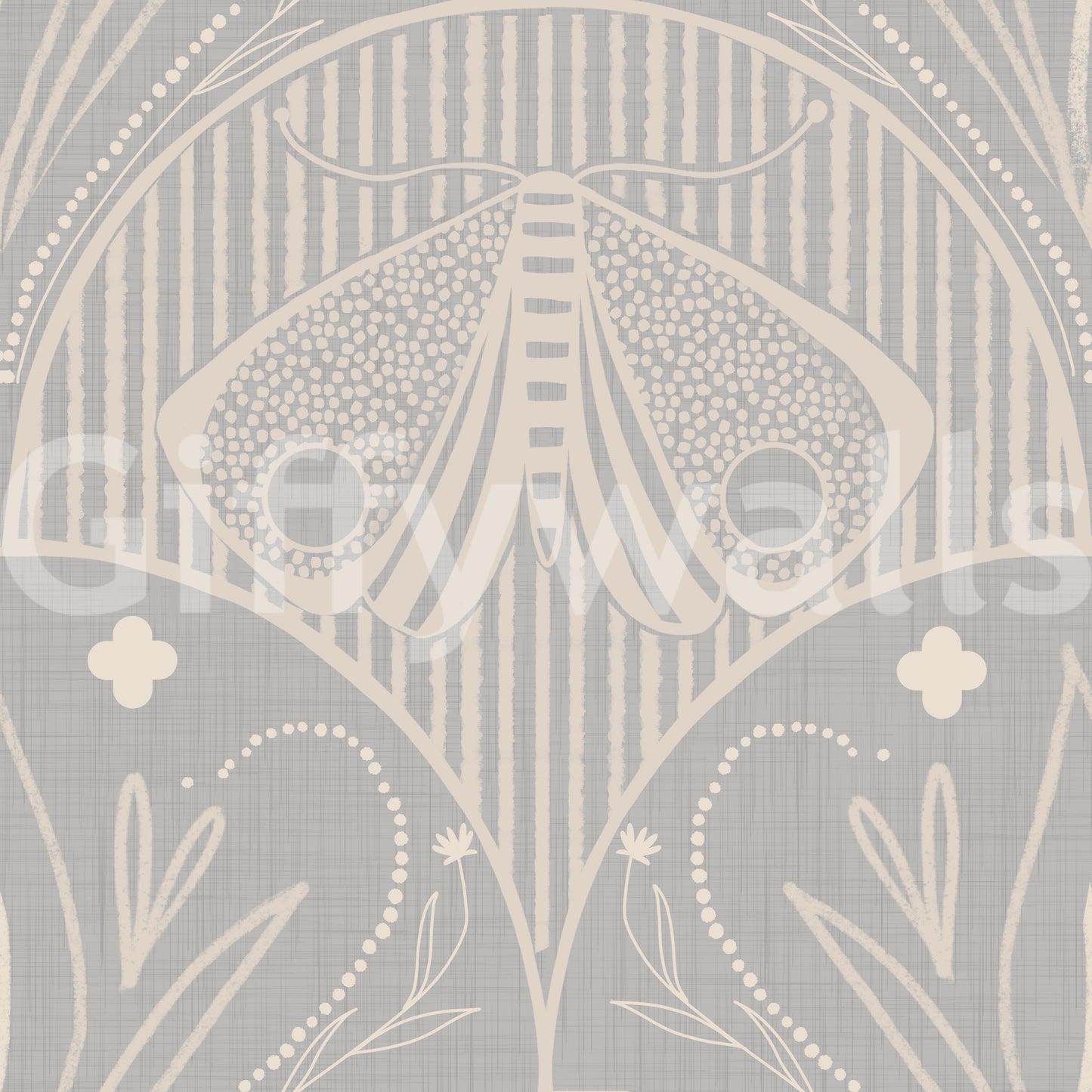 Abstract moth floral wallpaper textured light grey boho pattern.