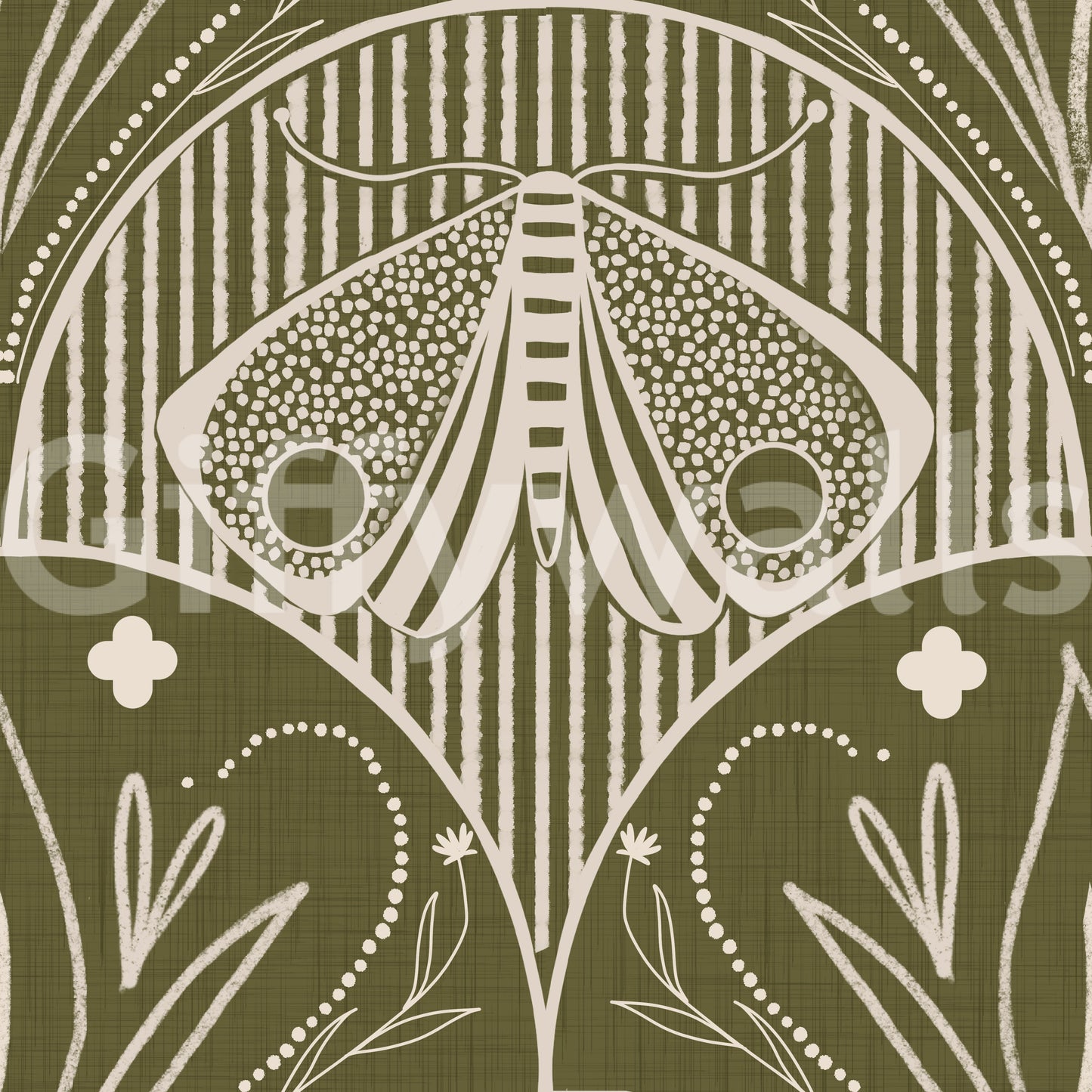 Boho Art Nouveau Scallop Butterfly Floral in Olive Drab Wallpaper