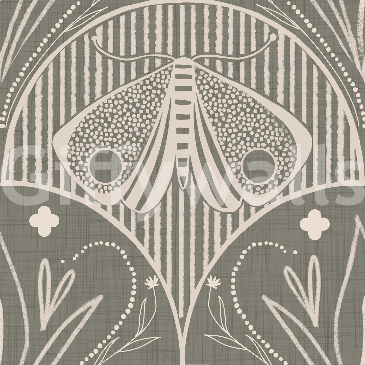 Boho Art Nouveau Scallop Butterfly Floral in Warm Taupe Grey Wallpaper