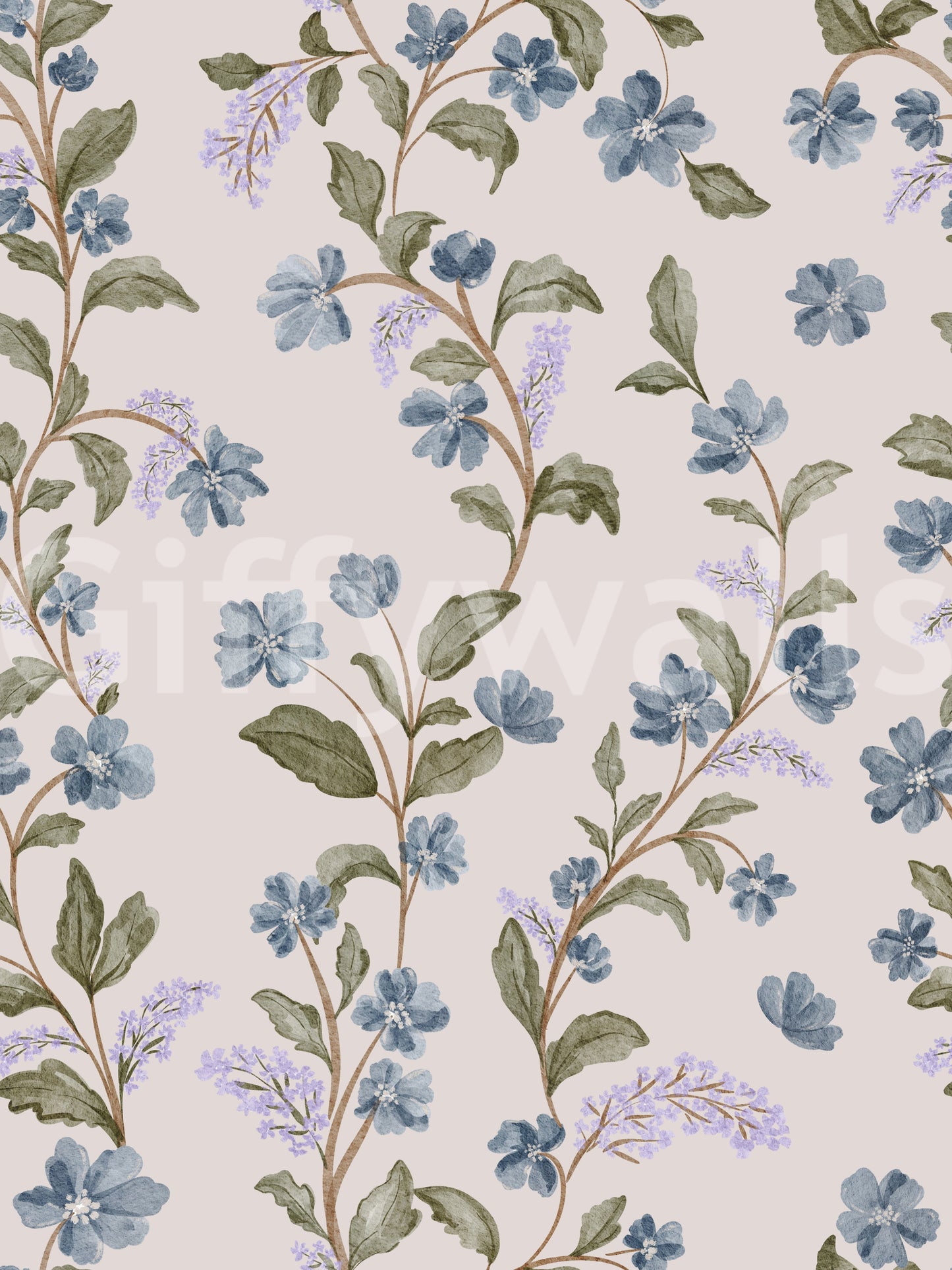 Artistic delicate blossoms on Denim Dreams Floral wallpaper.