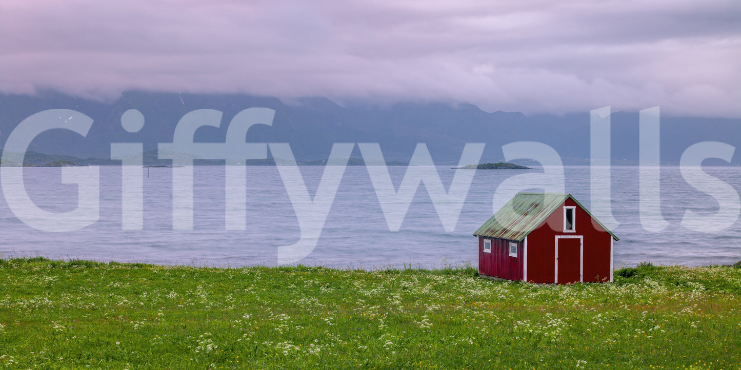 Lofoten Coastal Escape mural; solitary cabin, cloudy firmament.