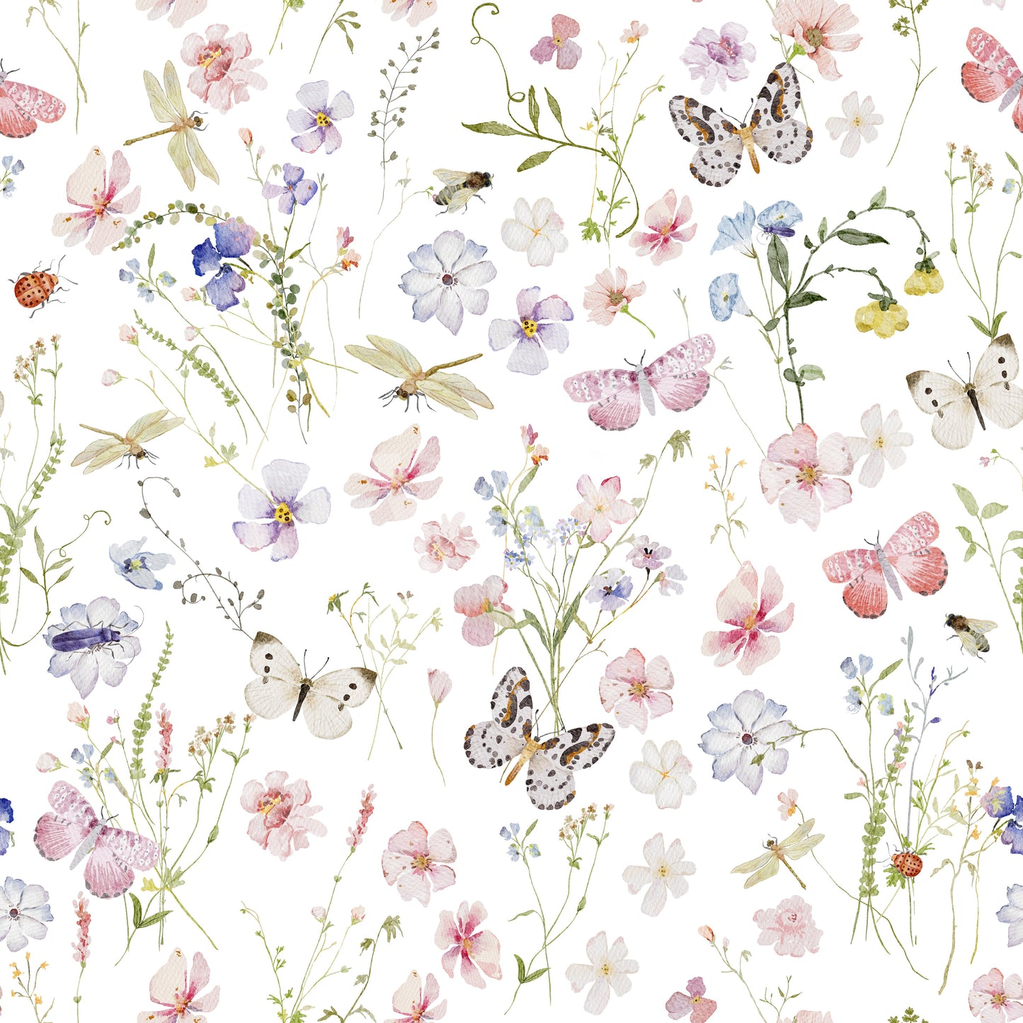 Lovely nursery mural: Wildflowers Meadow with detailed watercolor butterflies and blooms.