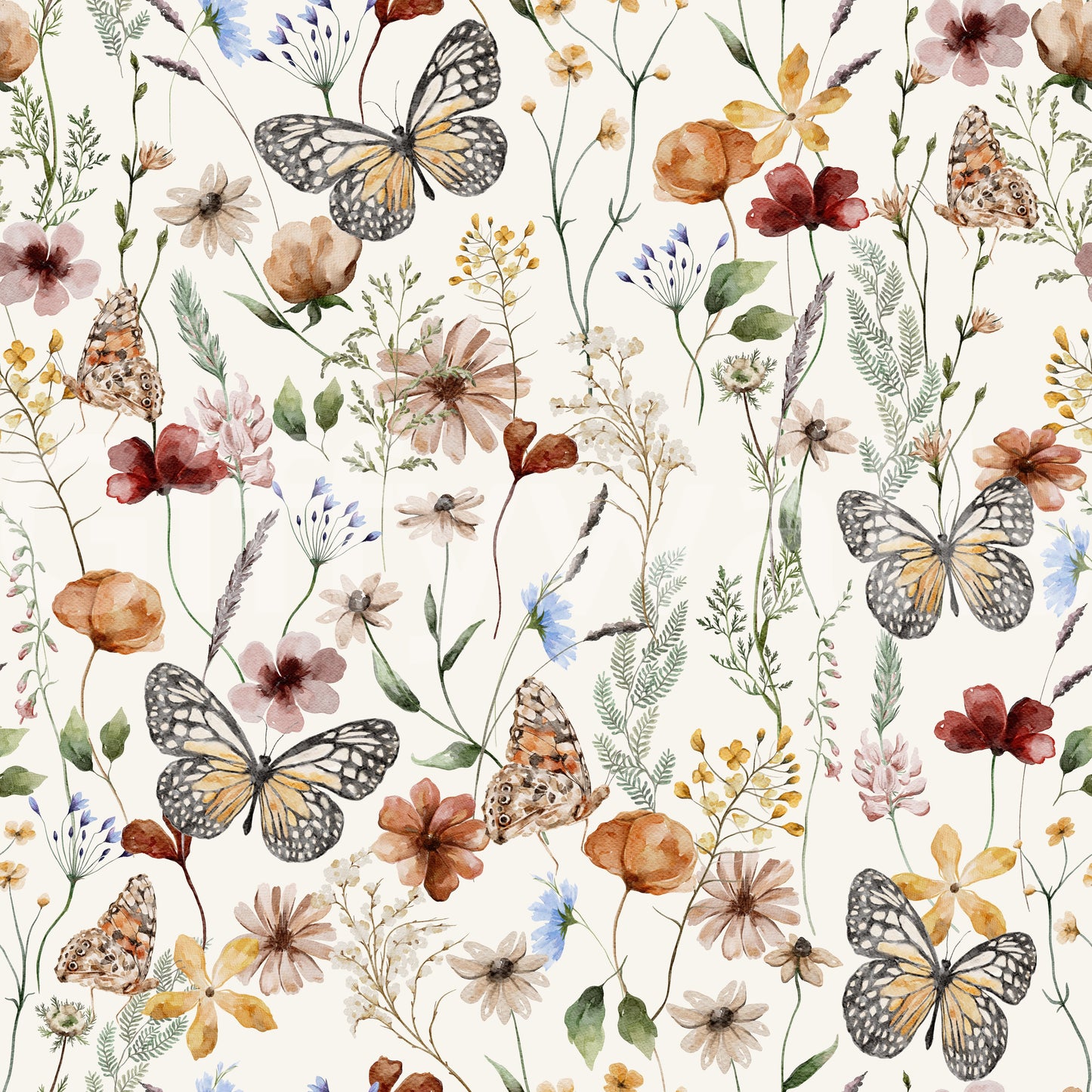 Meadow Butterflies removable wallpaper, elegant insect motif.