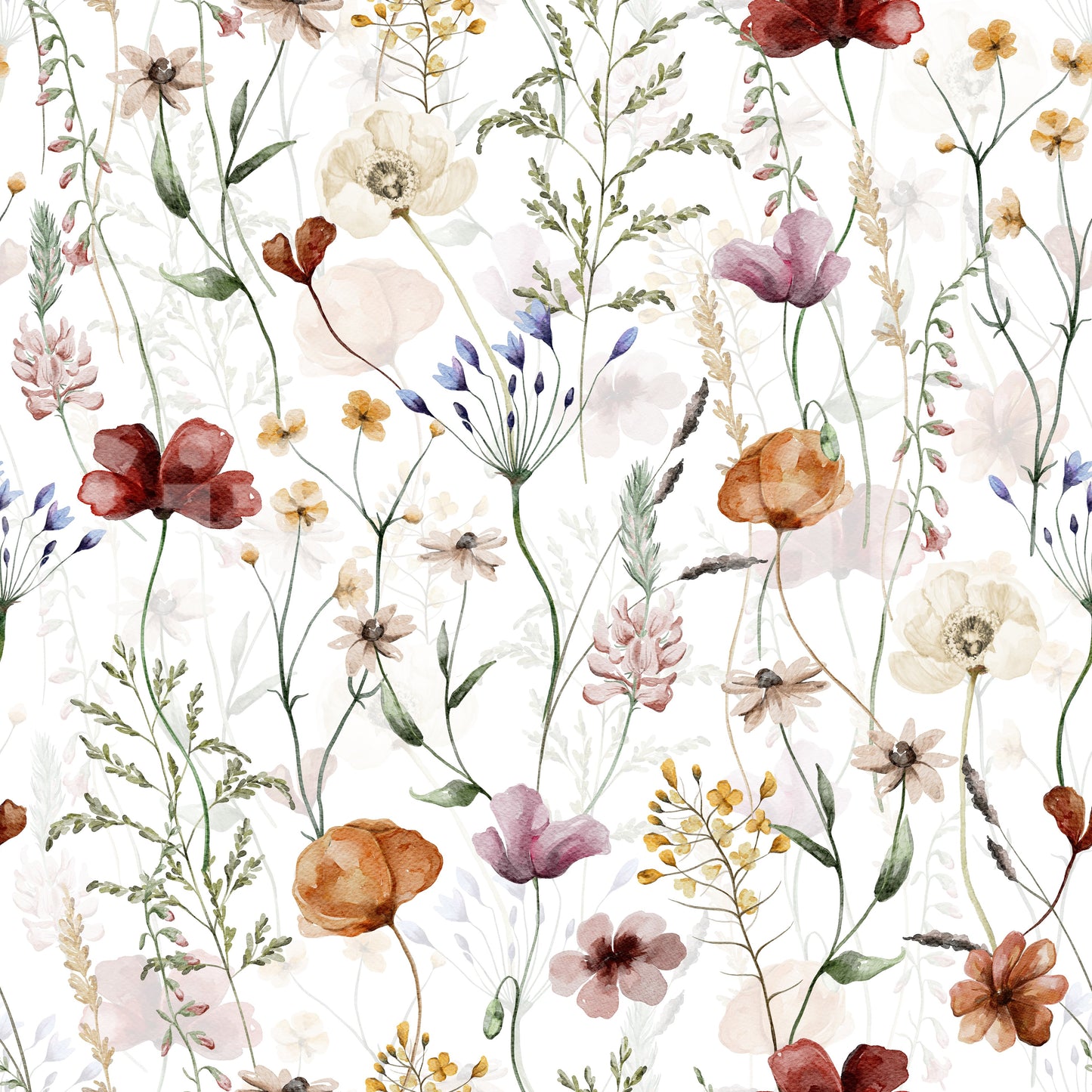 Watercolour poppy wallpaper Wildflower Hues home interior accent.